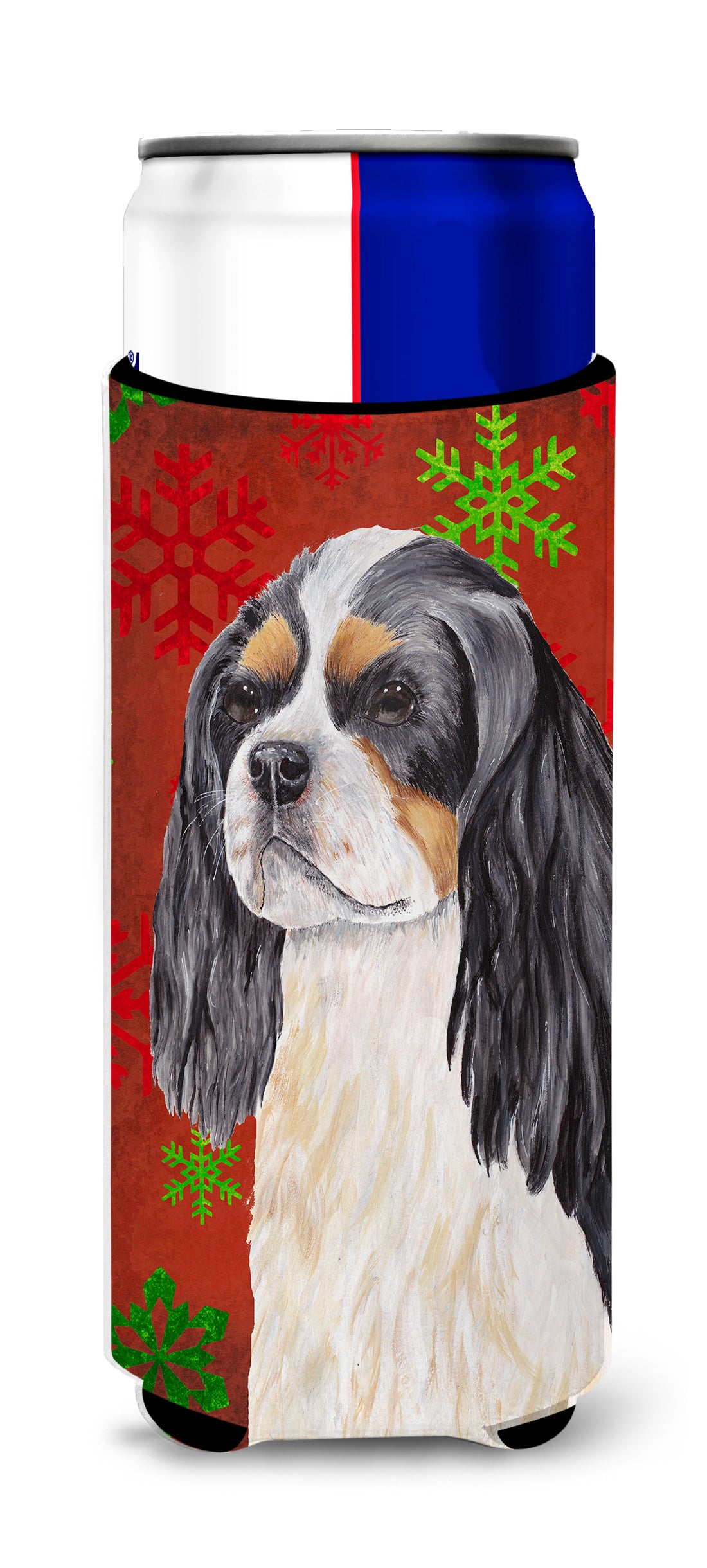 Cavalier Spaniel Red and Green Snowflakes Holiday Christmas Ultra Beverage Insulators for slim cans SC9431MUK.