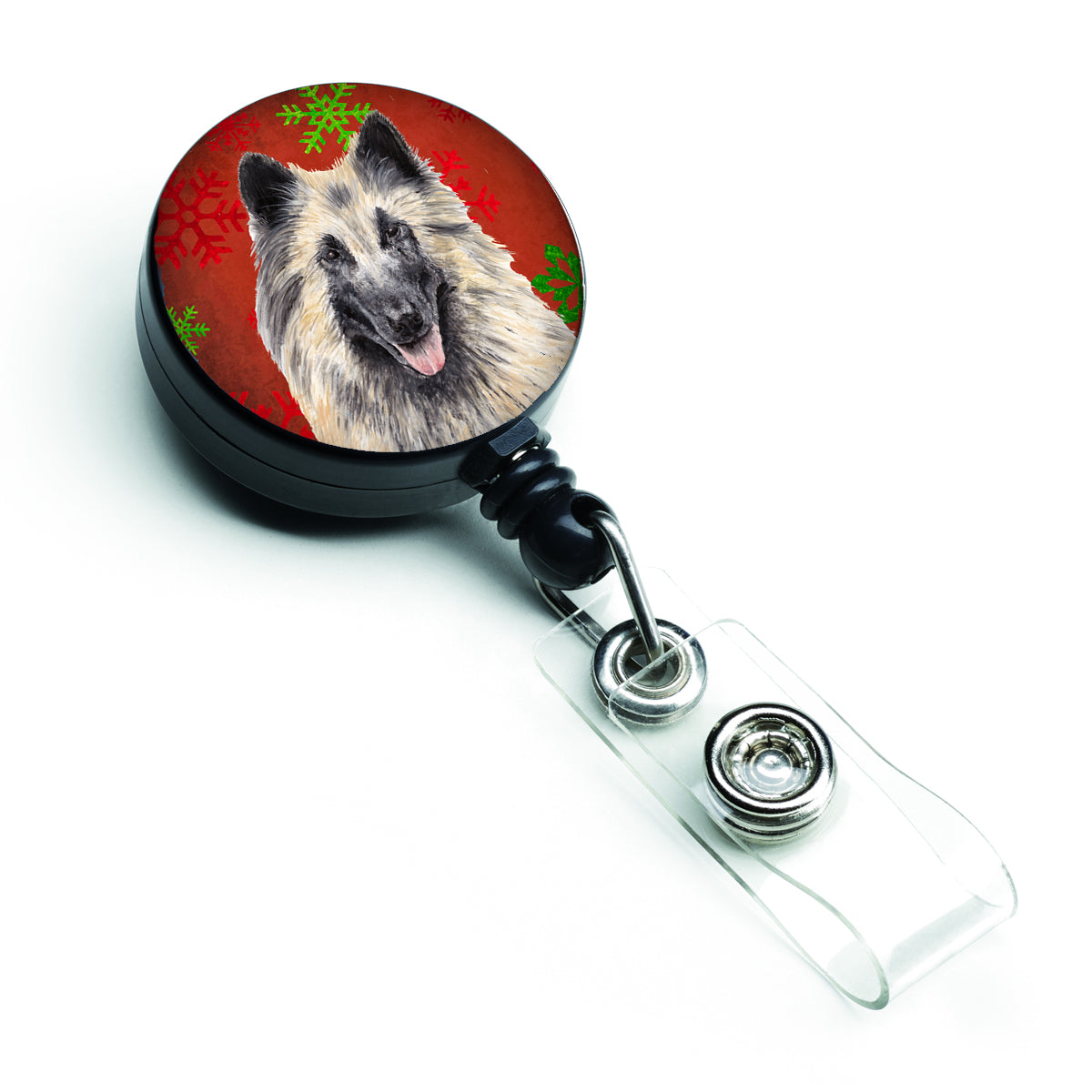 Belgian Tervuren Red and Green Snowflakes Holiday Christmas Retractable Badge Reel SC9432BR