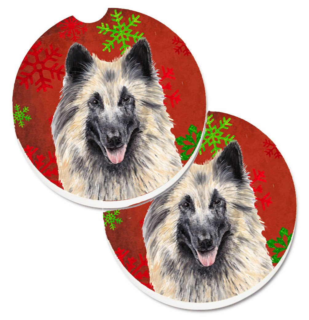 Belgian Tervuren Red and Green Snowflakes Holiday Christmas Set of 2 Cup Holder Car Coasters SC9432CARC by Caroline&#39;s Treasures