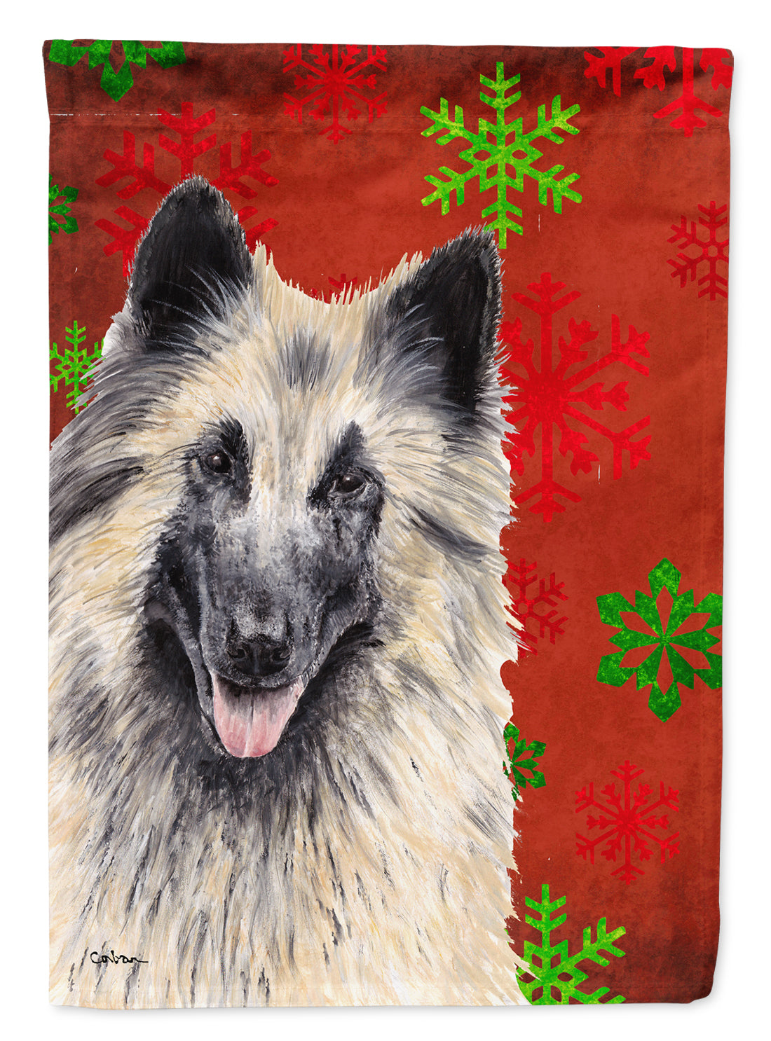 Belgian Tervuren Red and Green Snowflakes Holiday Christmas Flag Garden Size.