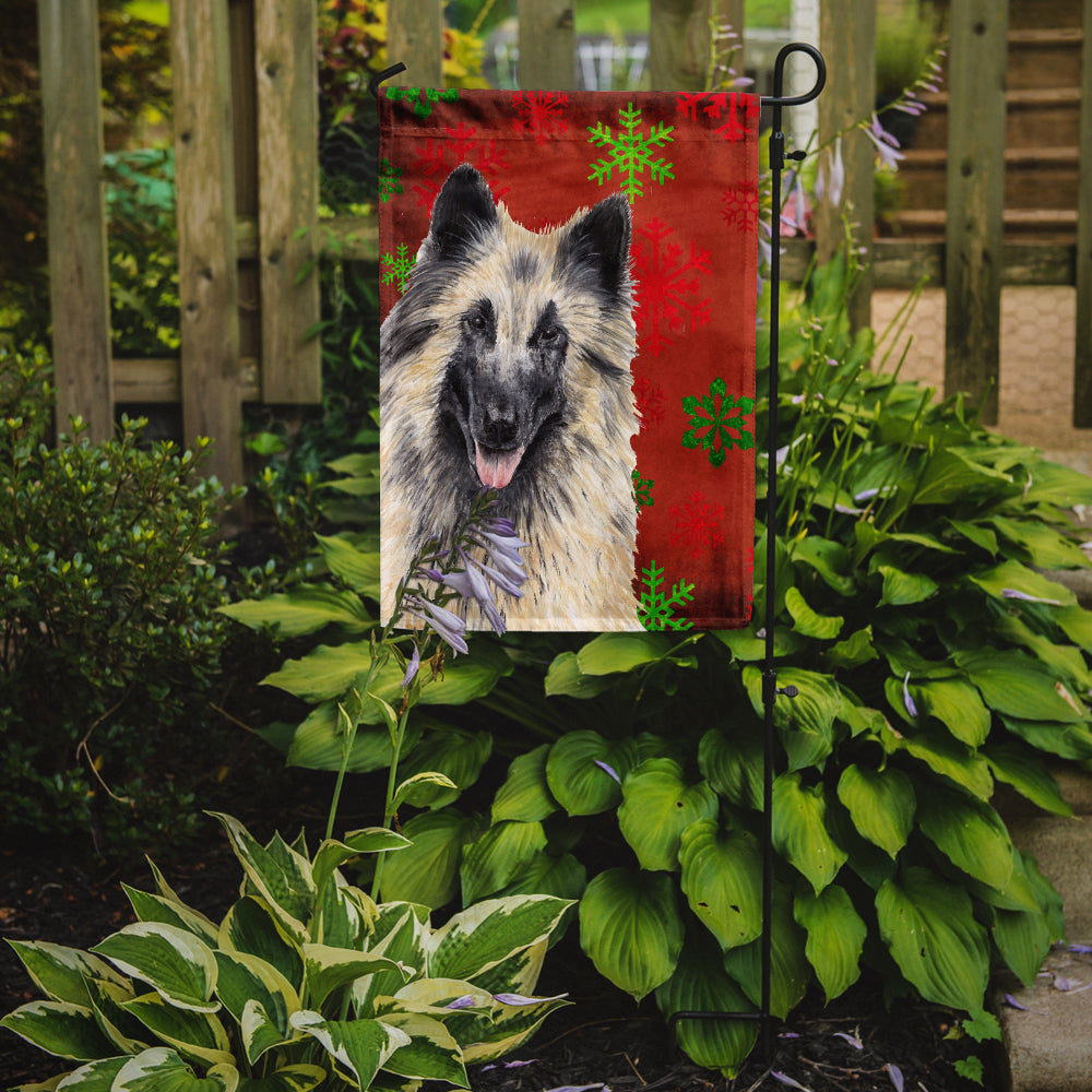 Belgian Tervuren Red and Green Snowflakes Holiday Christmas Flag Garden Size.