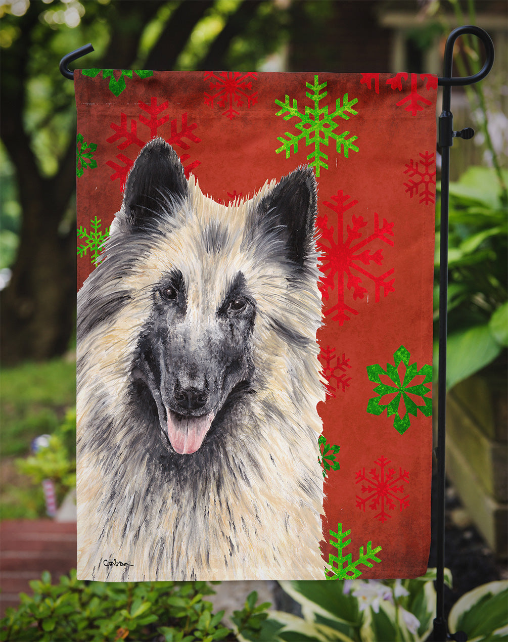Belgian Tervuren Red and Green Snowflakes Holiday Christmas Flag Garden Size
