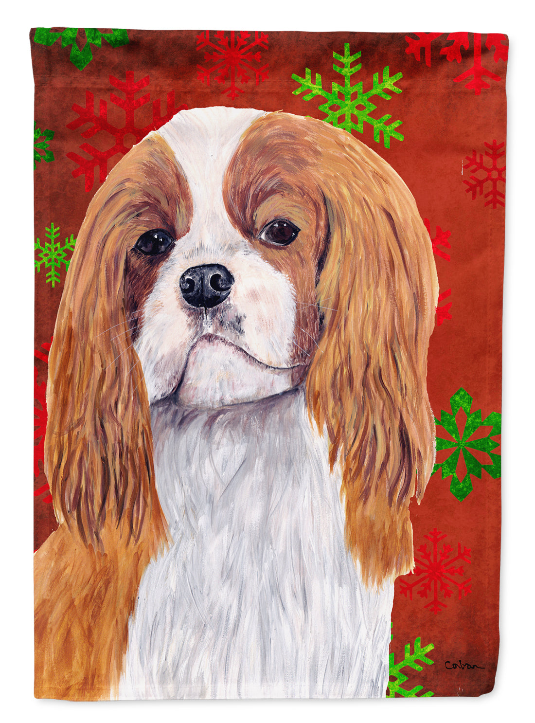 Cavalier Spaniel Red  Green Snowflakes Holiday Christmas Flag Canvas House Size