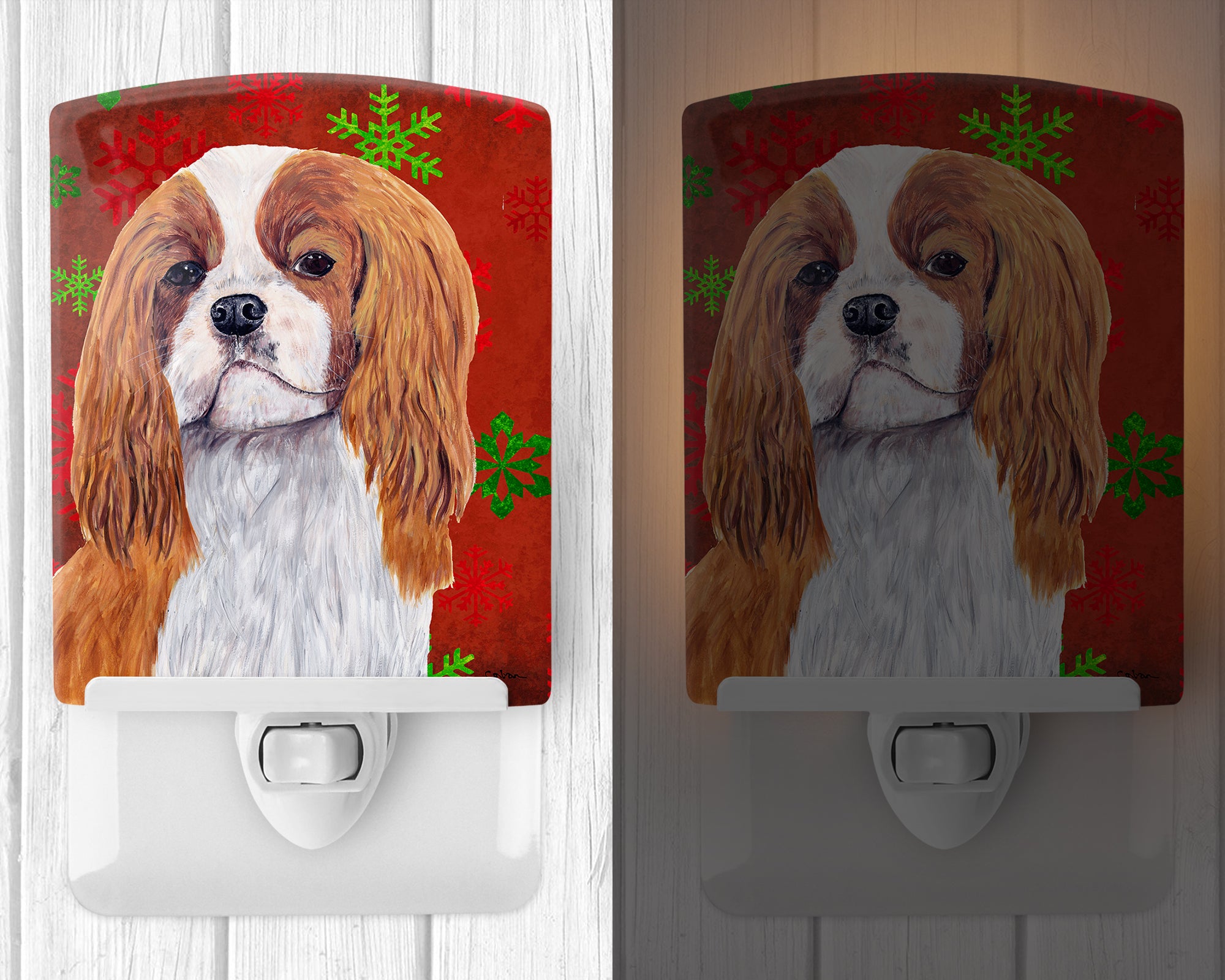 Cavalier Spaniel Red and Green Snowflakes Holiday Christmas Ceramic Night Light SC9434CNL - the-store.com