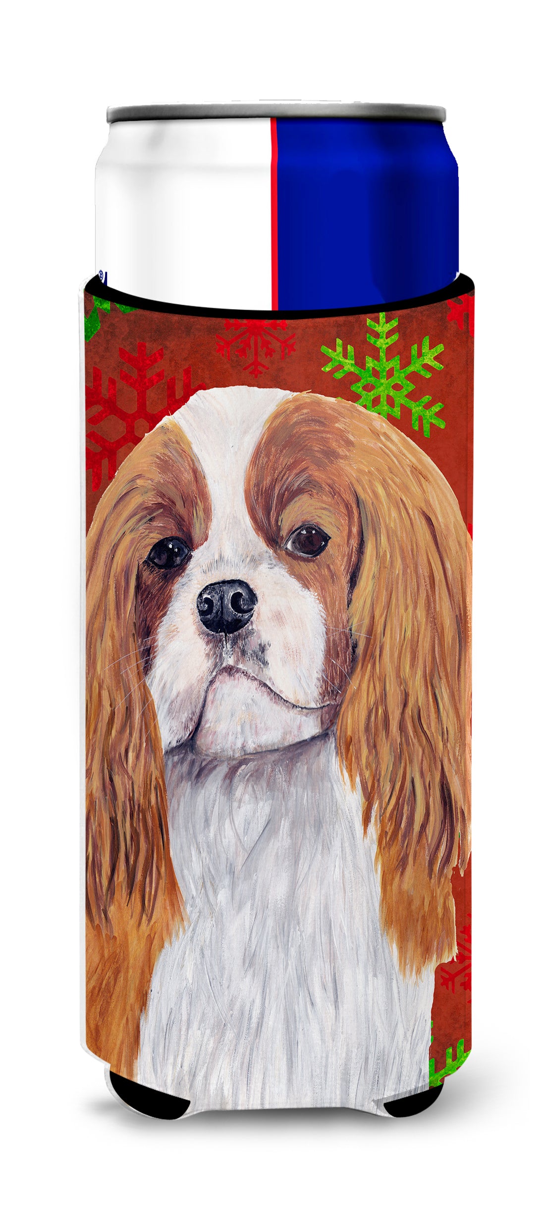 Cavalier Spaniel Red and Green Snowflakes Holiday Christmas Ultra Beverage Insulators for slim cans SC9434MUK