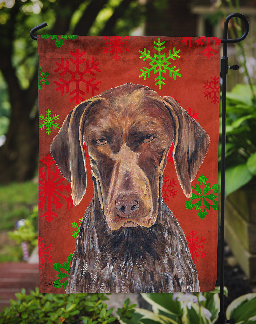German Shorthaired Pointer Red  Snowflakes Holiday Christmas Flag Garden Size.