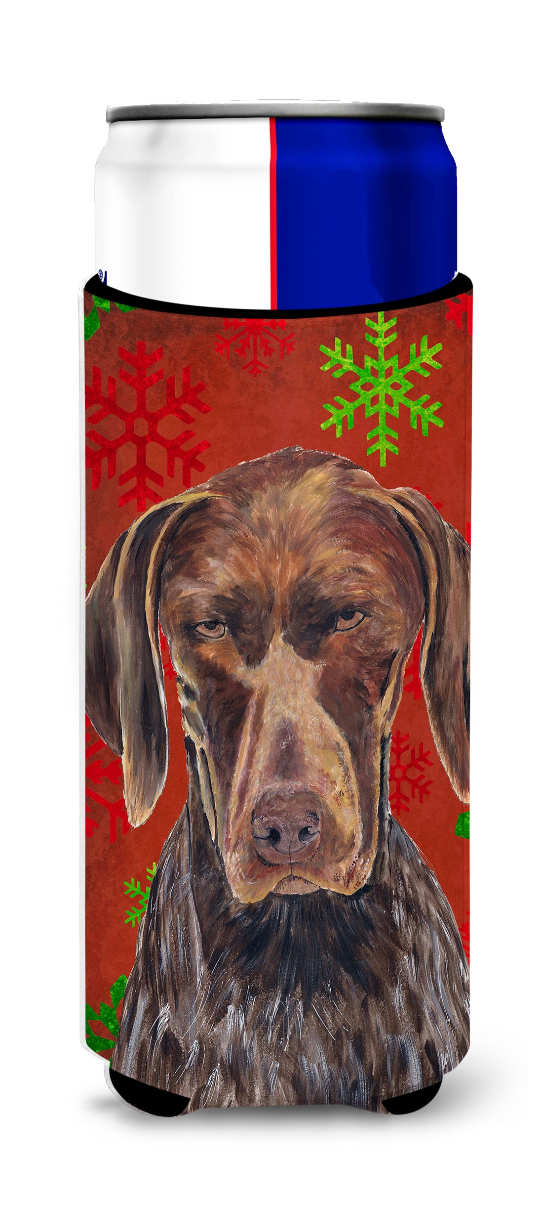 German Shorthaired Pointer Red  Snowflakes Holiday Christmas Ultra Beverage Insulators for slim cans SC9435MUK.
