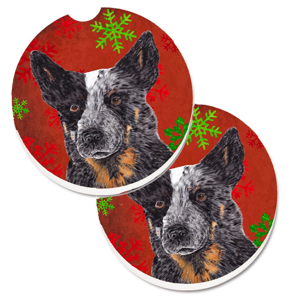 Australian Cattle Dog Red Green Snowflakes Christmas Set of 2 Cup Holder Car Coasters SC9436CARC by Caroline's Treasures