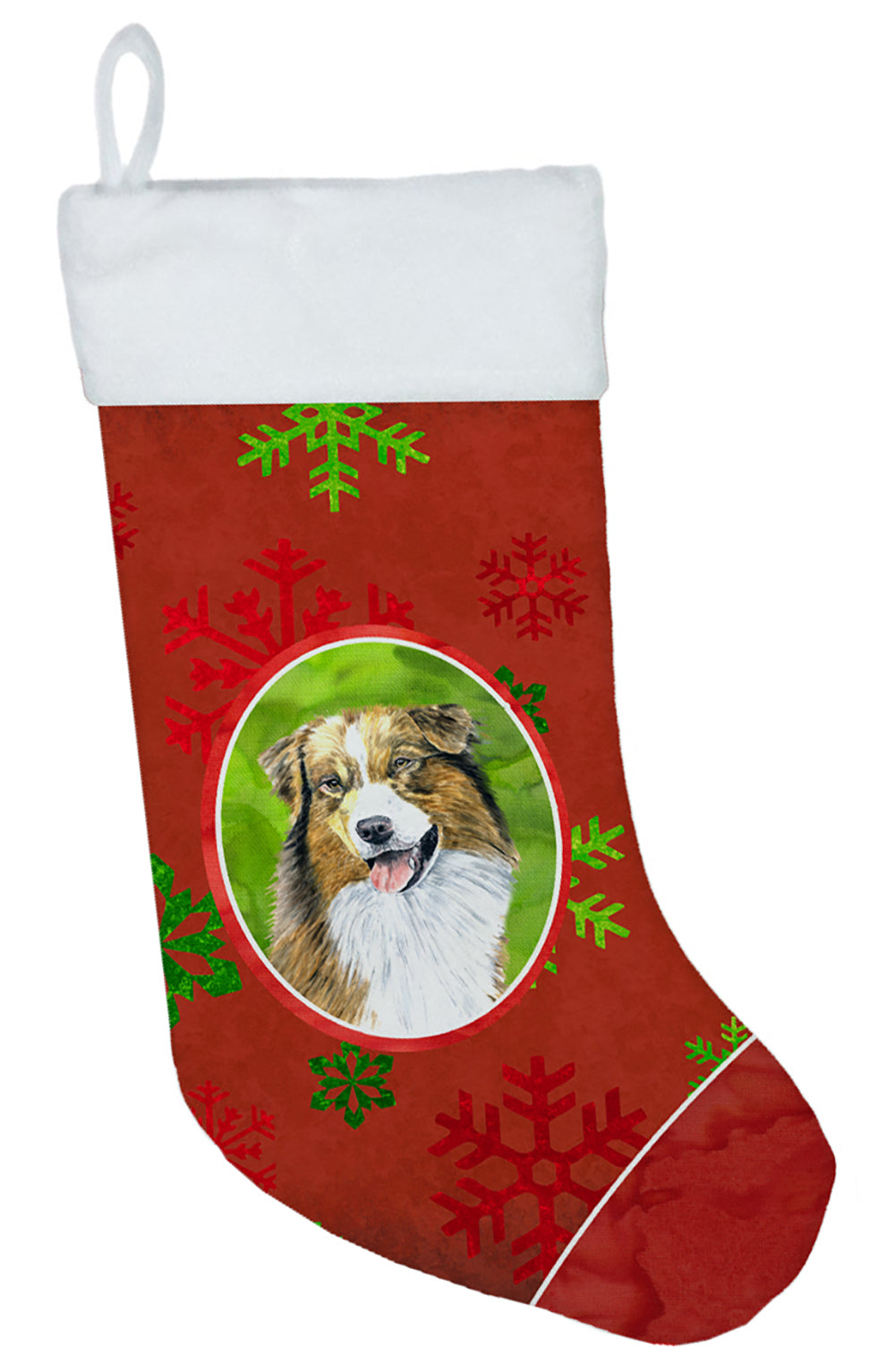 Australian Shepherd Red and Green Snowflakes Holiday  Christmas Stocking SC9437