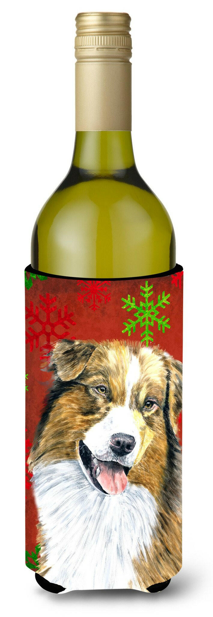 Australian Shepherd Snowflakes Christmas Wine Bottle Beverage Insulator Beverage Insulator Hugger by Caroline&#39;s Treasures