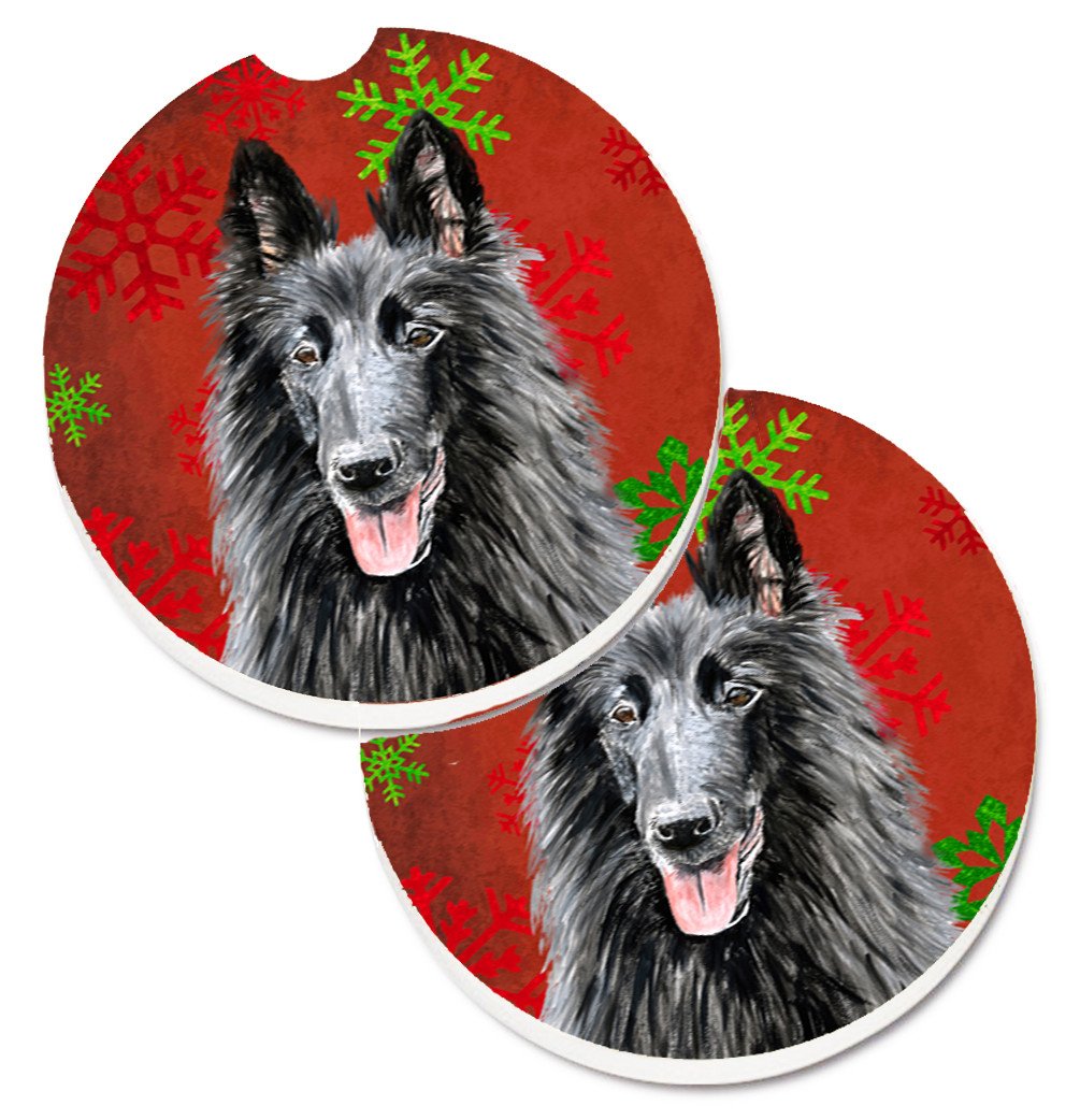Belgian Sheepdog Red and Green Snowflakes Holiday Christmas Set of 2 Cup Holder Car Coasters SC9438CARC by Caroline&#39;s Treasures