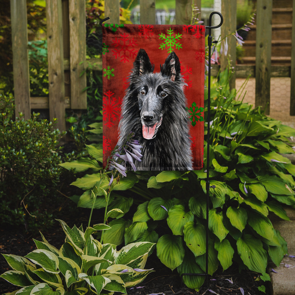 Belgian Sheepdog Red and Green Snowflakes Holiday Christmas Flag Garden Size