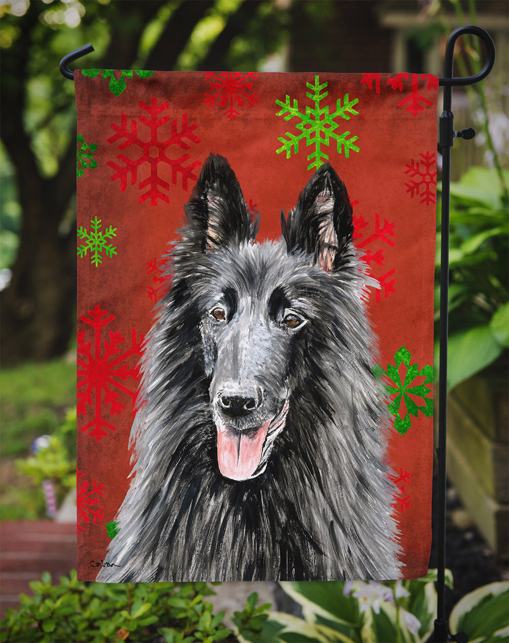 Belgian Sheepdog Red and Green Snowflakes Holiday Christmas Flag Garden Size.