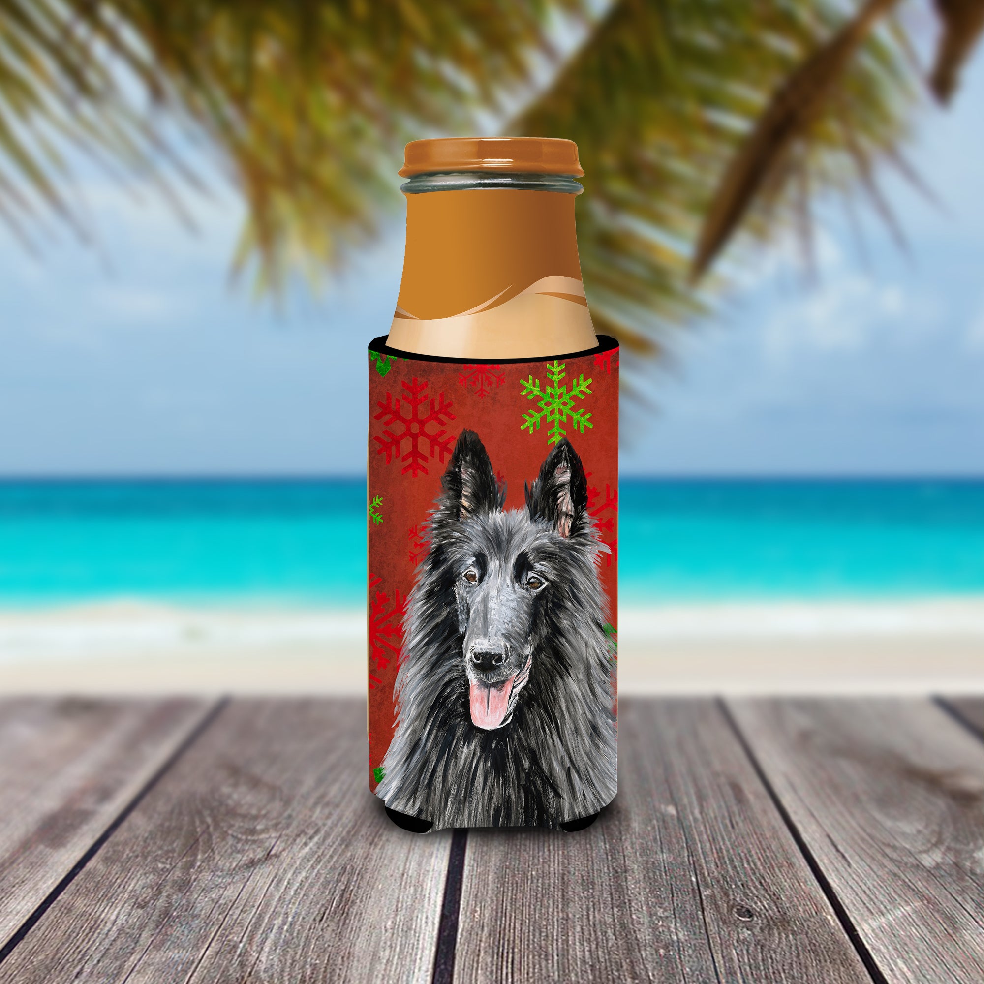 Belgian Sheepdog Red and Green Snowflakes Holiday Christmas Ultra Beverage Insulators for slim cans SC9438MUK.
