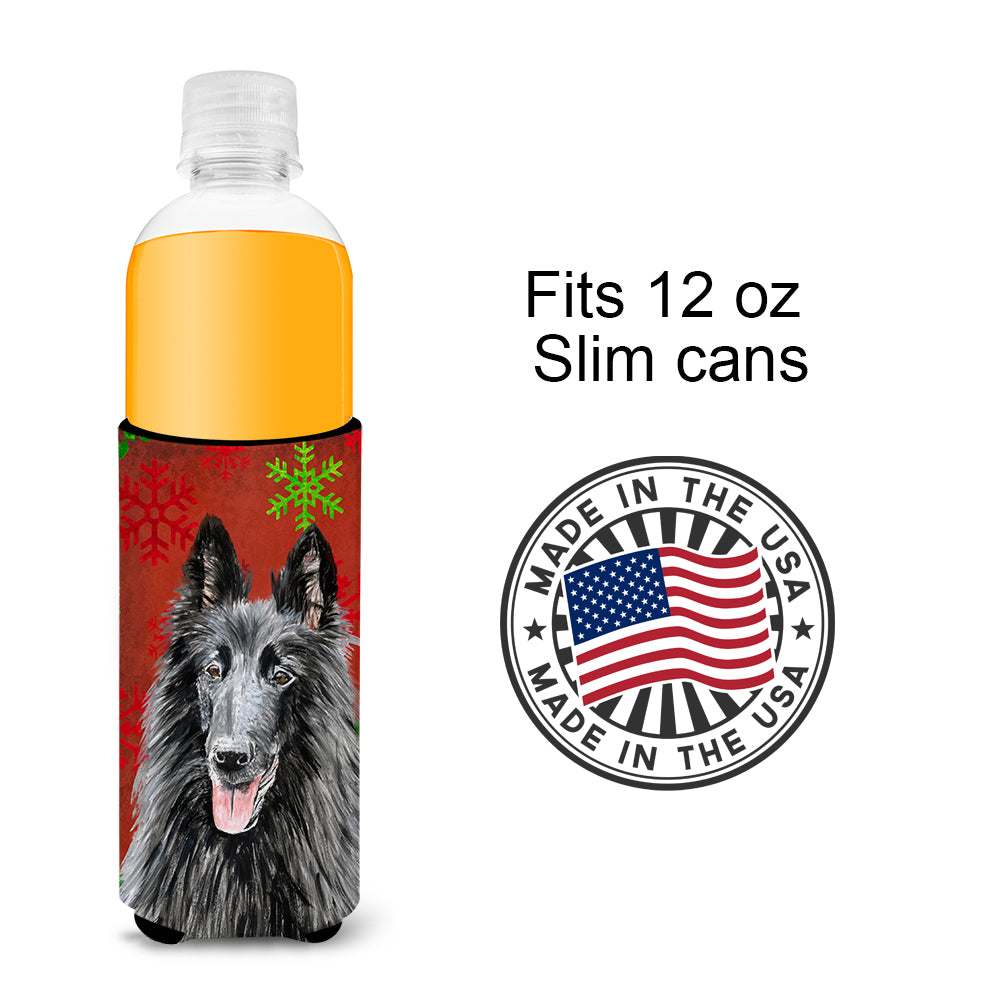 Belgian Sheepdog Red and Green Snowflakes Holiday Christmas Ultra Beverage Insulators for slim cans SC9438MUK