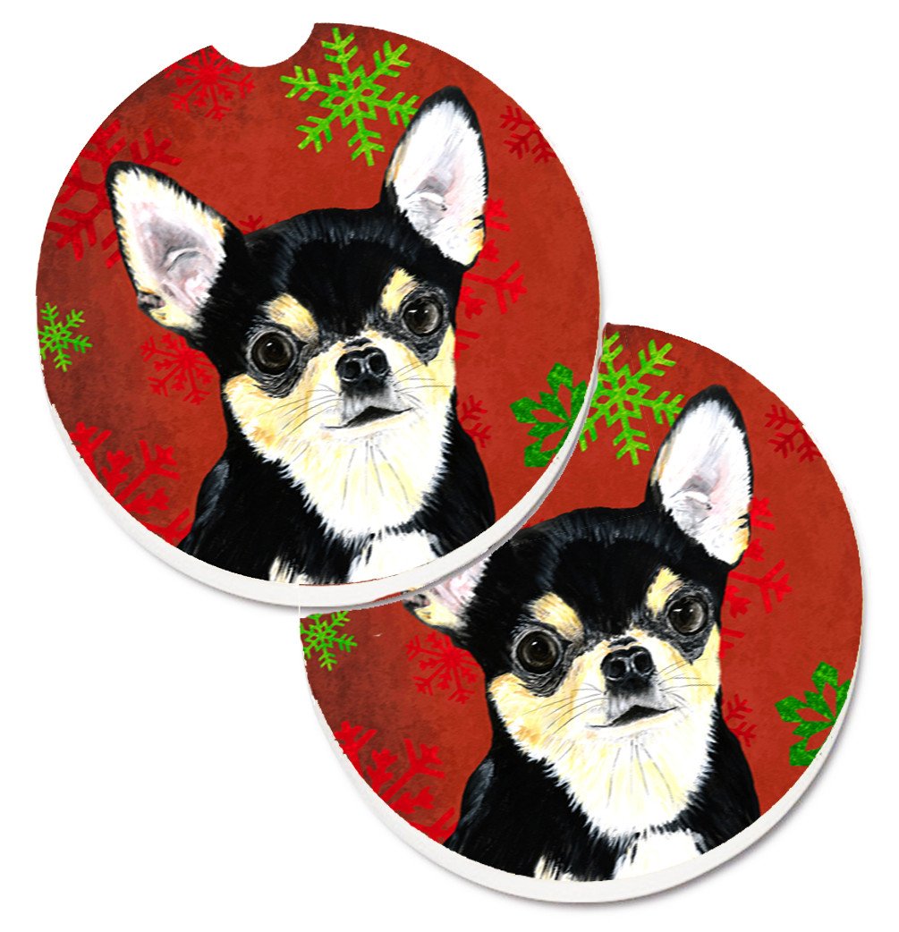 Chihuahua Red and Green Snowflakes Holiday Christmas Set of 2 Cup Holder Car Coasters SC9439CARC by Caroline's Treasures