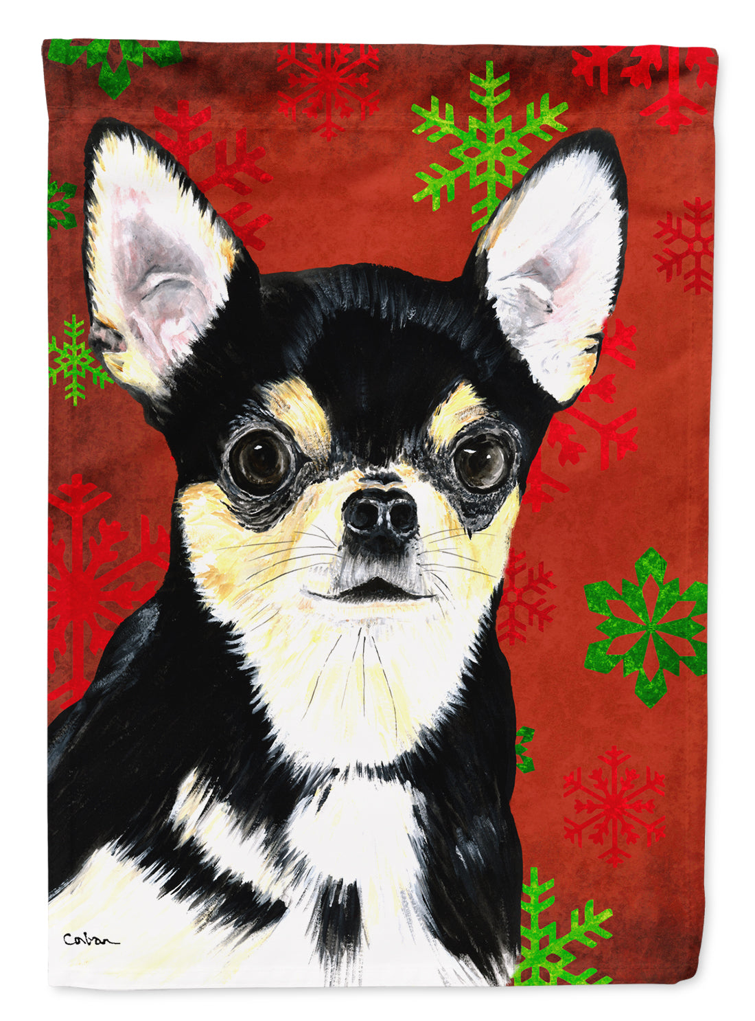 Chihuahua Red and Green Snowflakes Holiday Christmas Flag Garden Size