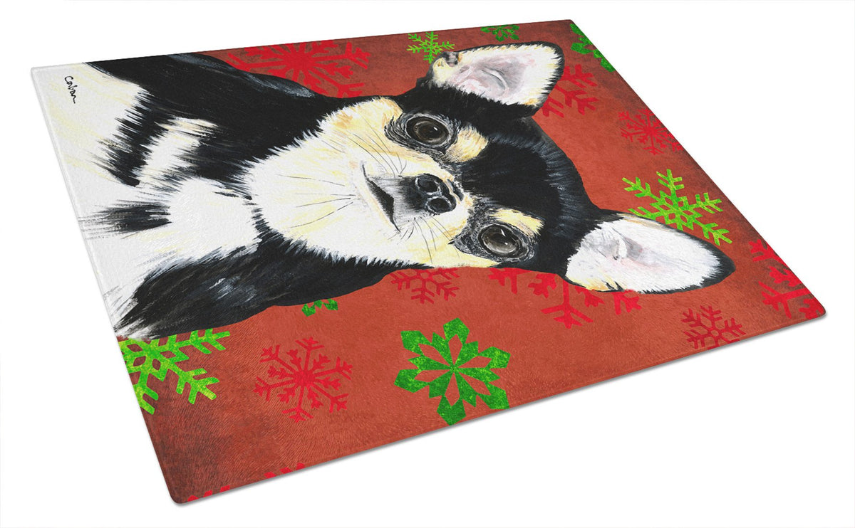 Chihuahua Red and Green Snowflakes Holiday Christmas Glass Cutting Board Large by Caroline&#39;s Treasures
