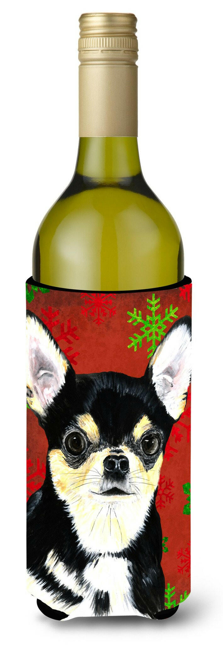 Chihuahua Red and Green Snowflakes Holiday Christmas Wine Bottle Beverage Insulator Beverage Insulator Hugger by Caroline&#39;s Treasures