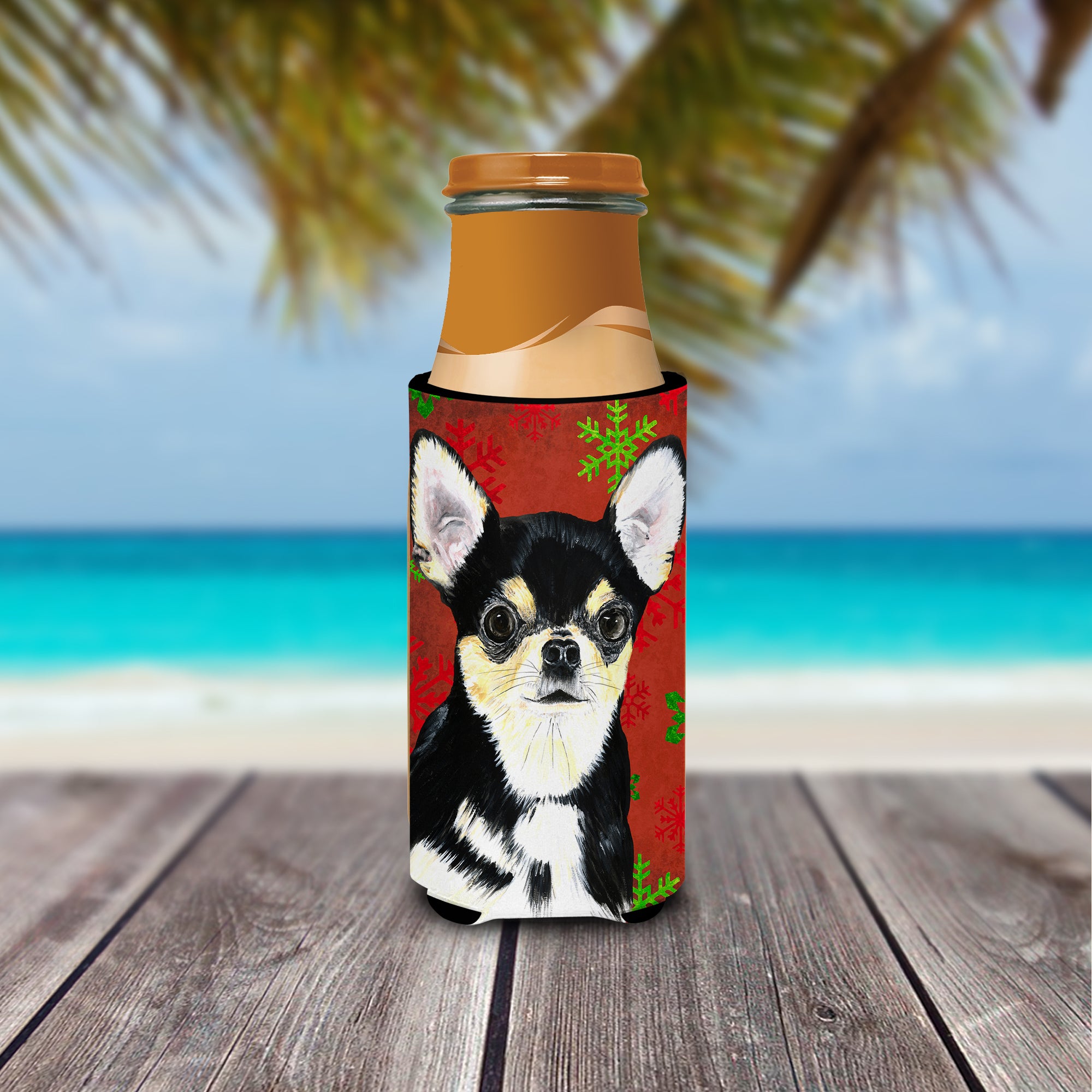 Chihuahua Red and Green Snowflakes Holiday Christmas Ultra Beverage Insulators for slim cans SC9439MUK.