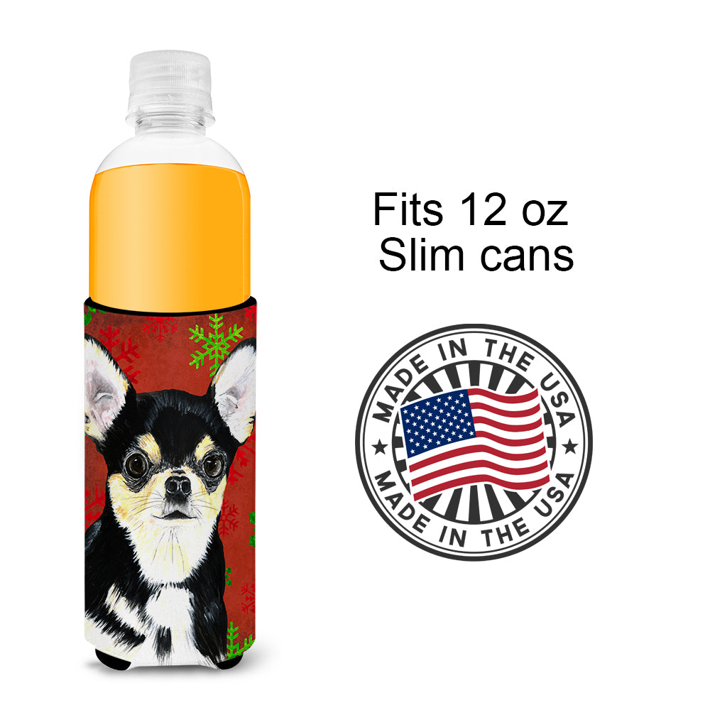 Chihuahua Red and Green Snowflakes Holiday Christmas Ultra Beverage Insulators for slim cans SC9439MUK.