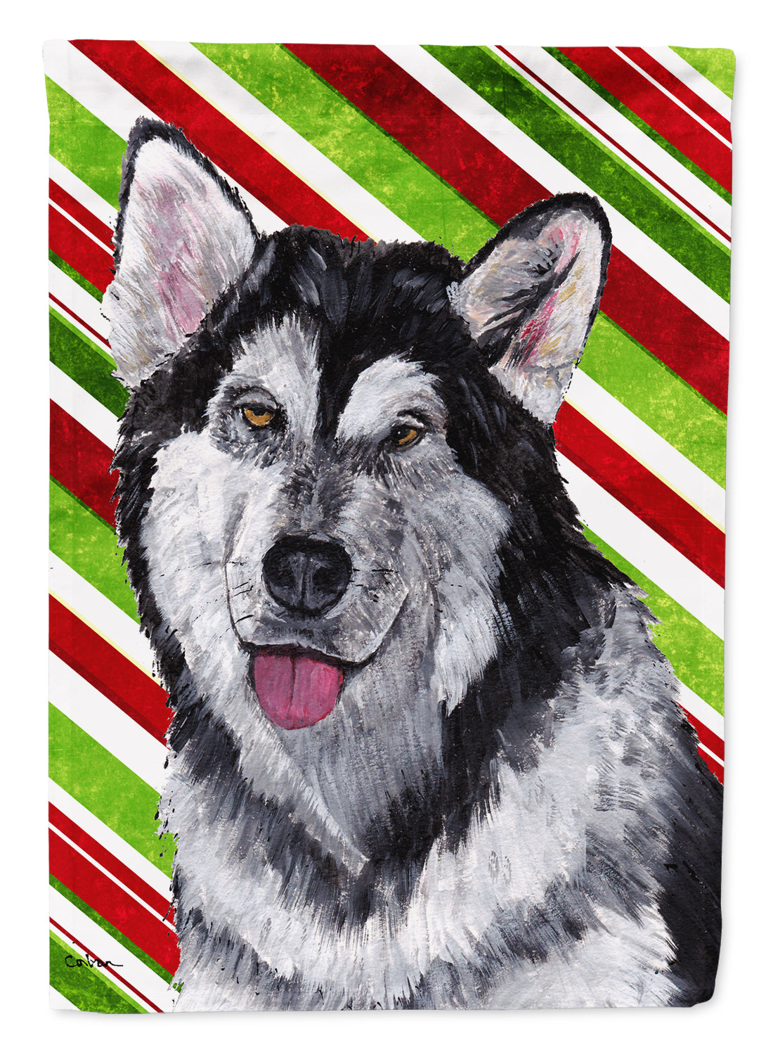 Alaskan Malamute Candy Cane Holiday Christmas Flag Canvas House Size SC9490CHF  the-store.com.