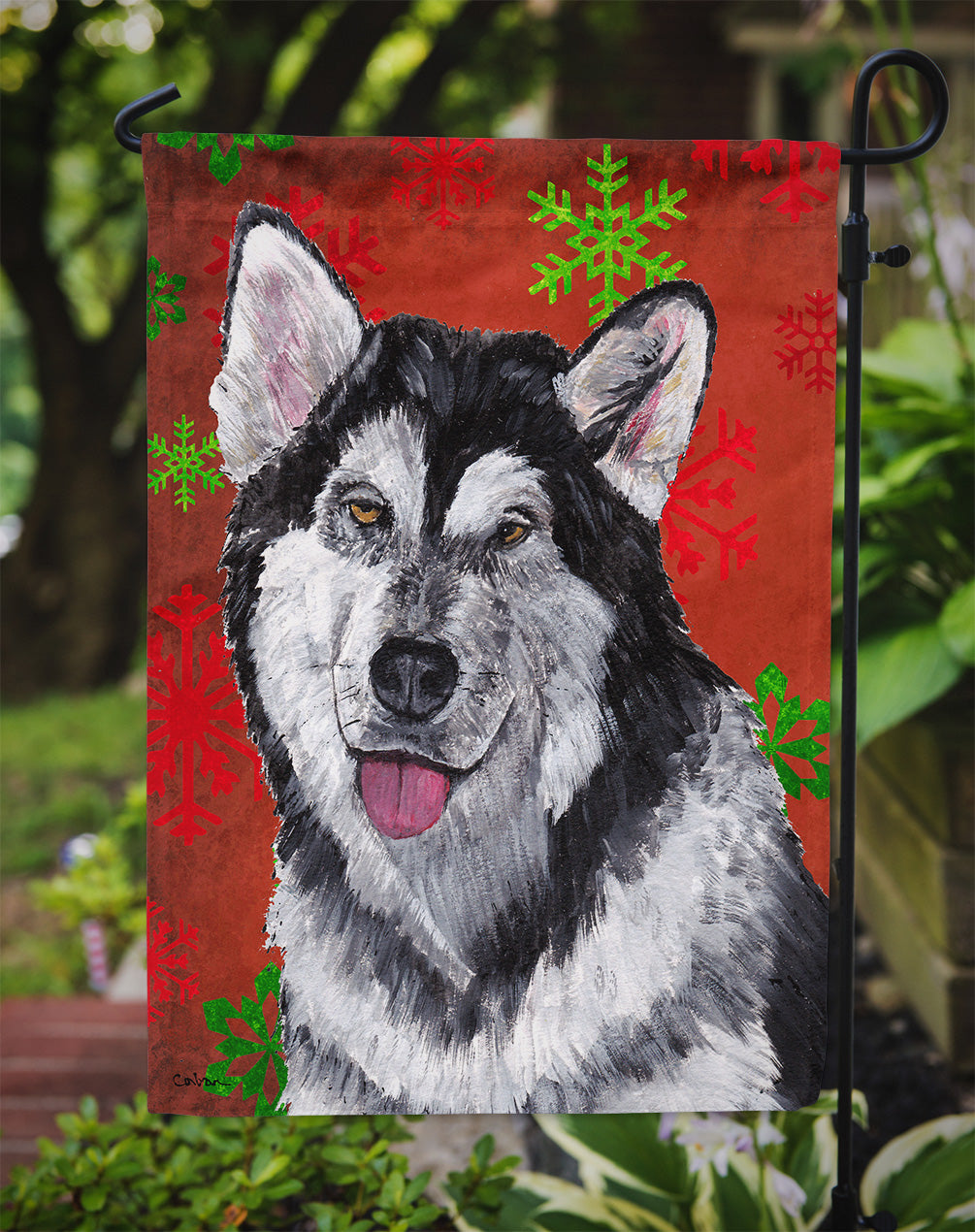Alaskan Malamute Red Snowflakes Holiday Christmas Flag Garden Size SC9492GF  the-store.com.