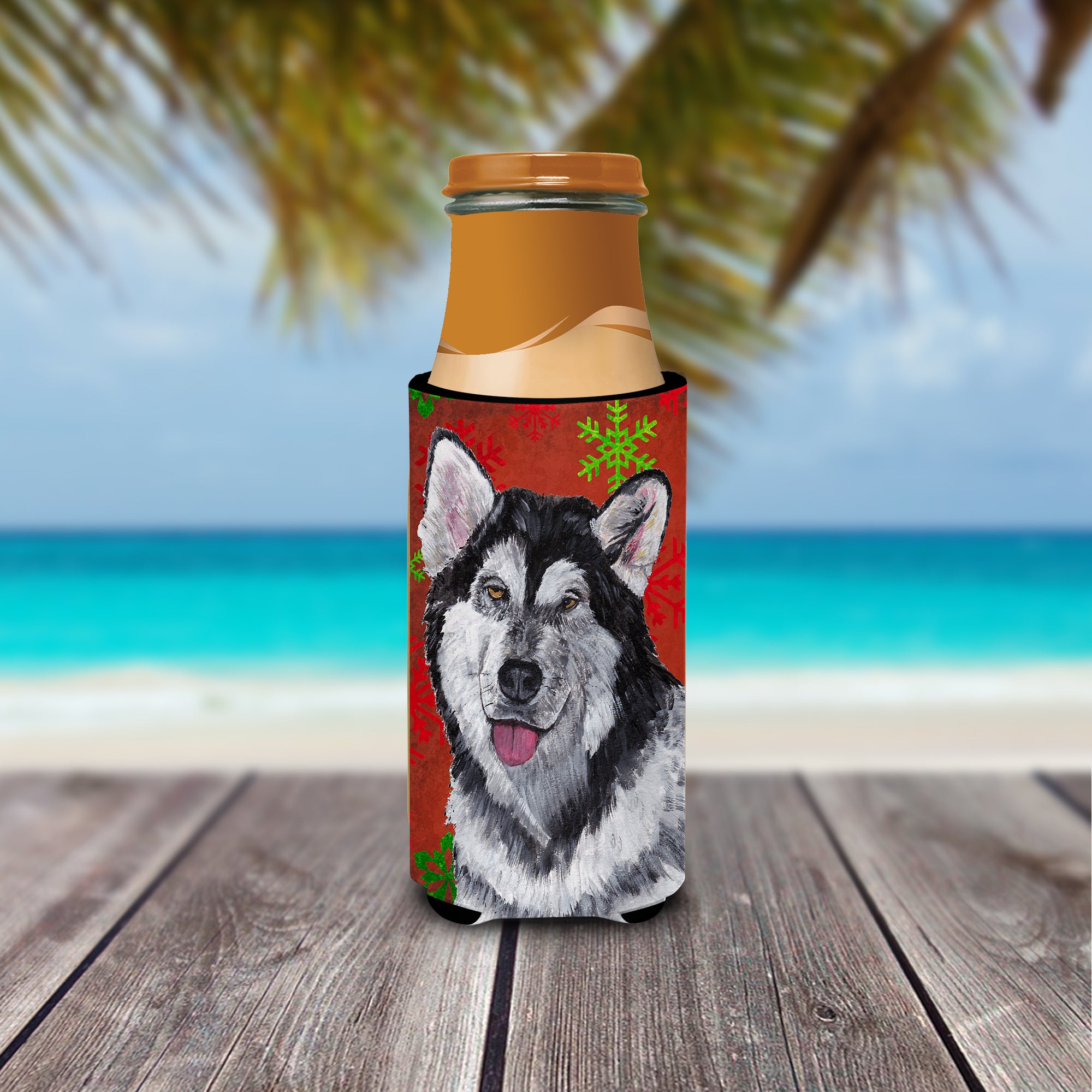 Alaskan Malamute Red Snowflakes Holiday Christmas  Ultra Beverage Insulators for slim cans SC9492MUK.