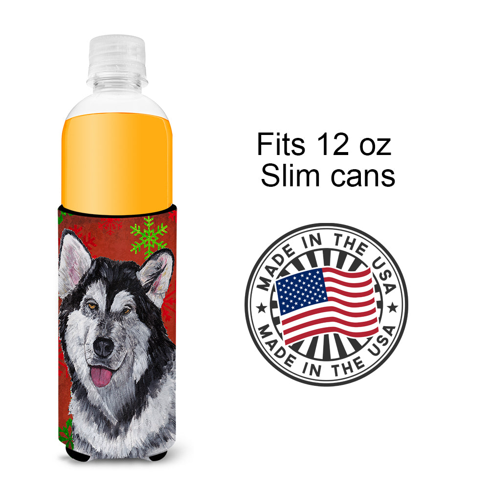 Alaskan Malamute Red Snowflakes Holiday Christmas  Ultra Beverage Insulators for slim cans SC9492MUK.