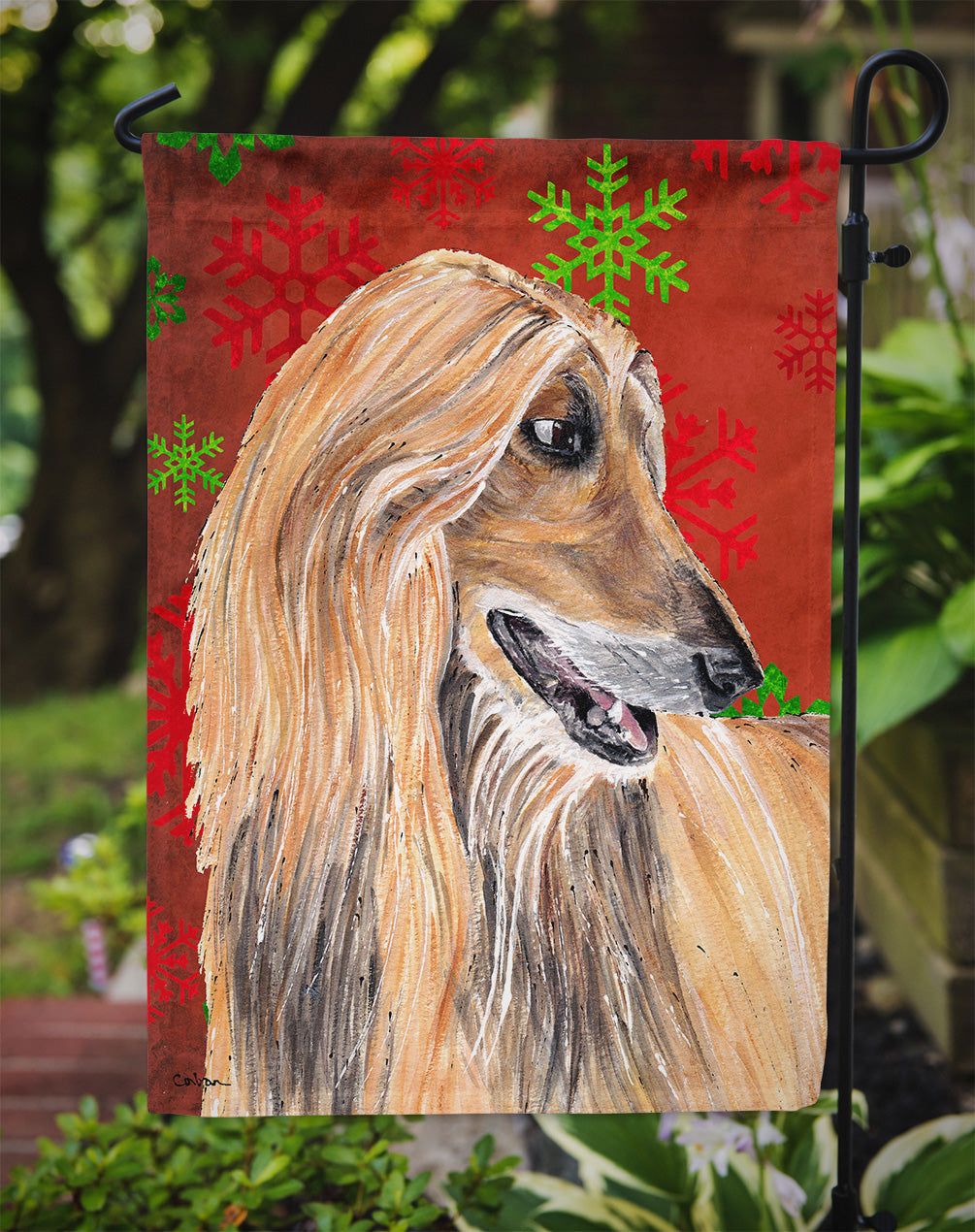 Afghan Hound Red Snowflakes Holiday Christmas  Flag Garden Size SC9501GF  the-store.com.