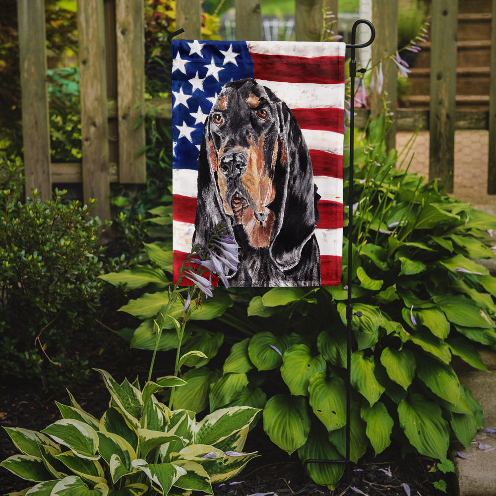 Coonhound Black and Tan USA American Flag Flag Garden Size