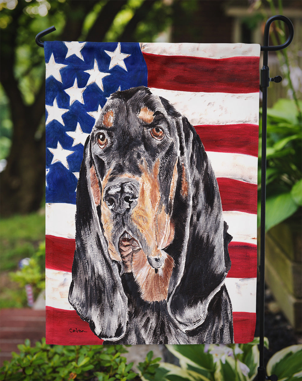 Coonhound Black and Tan USA American Flag Flag Garden Size.