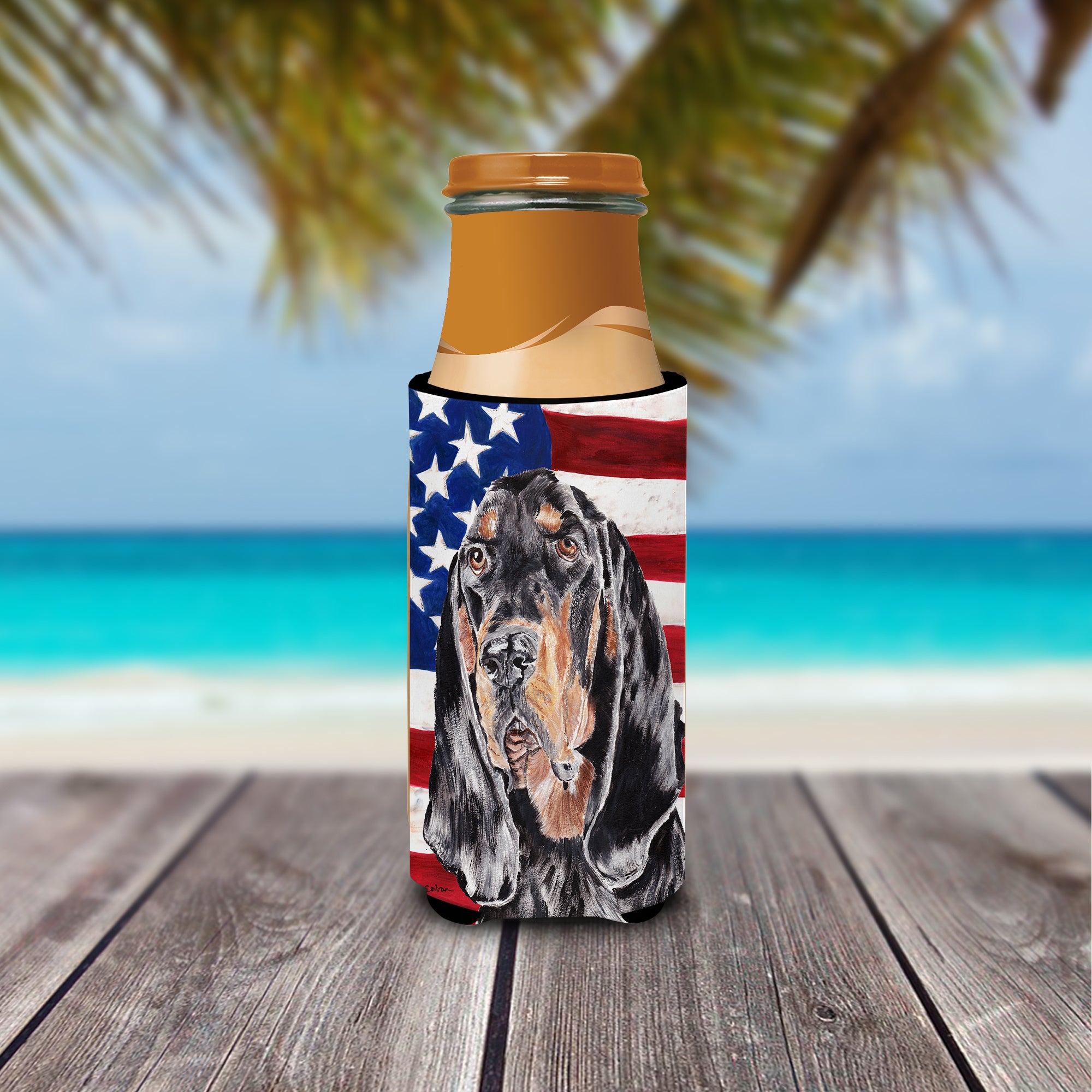Coonhound Black and Tan USA American Flag Ultra Beverage Insulators for slim cans