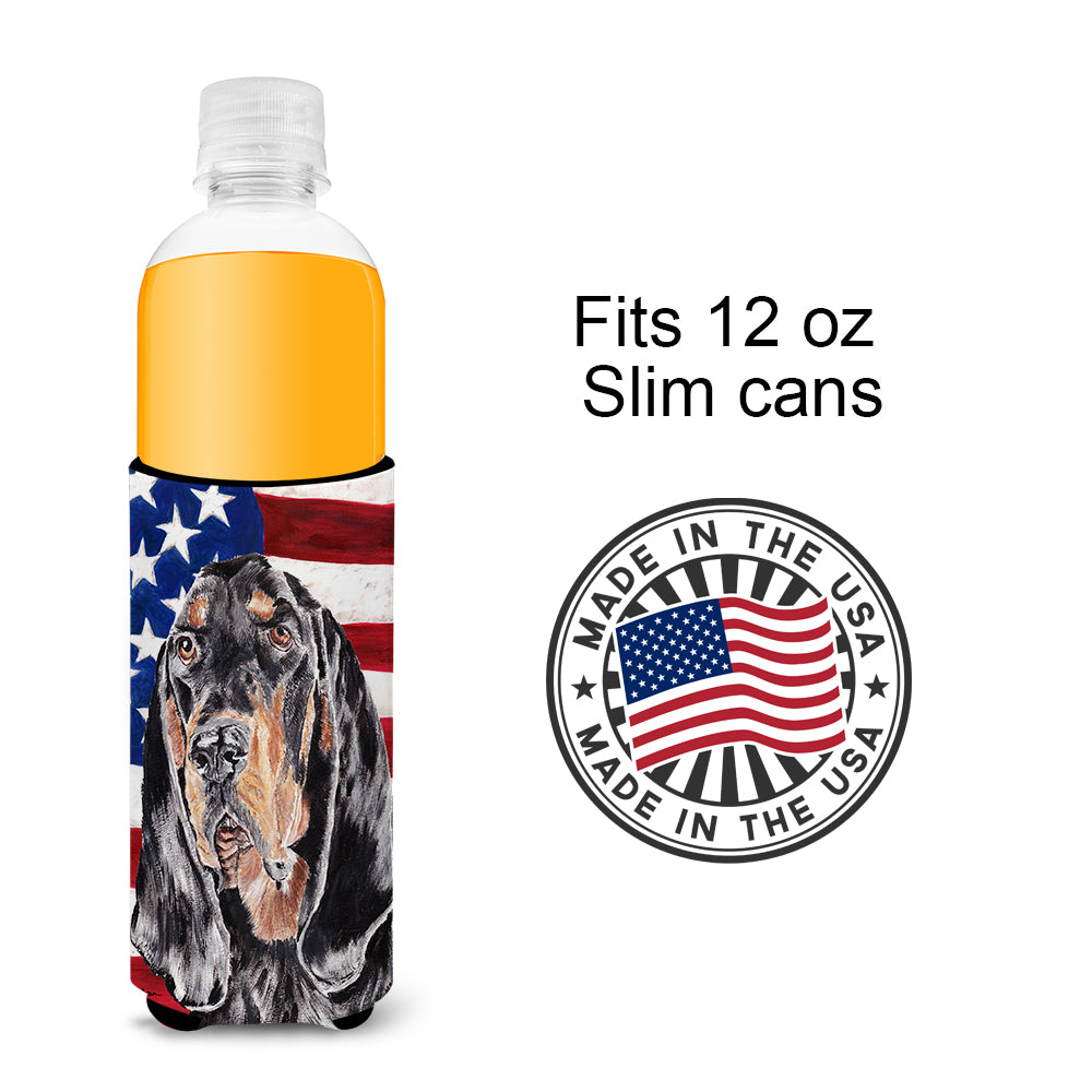 Coonhound Black and Tan USA American Flag Ultra Beverage Insulators for slim cans