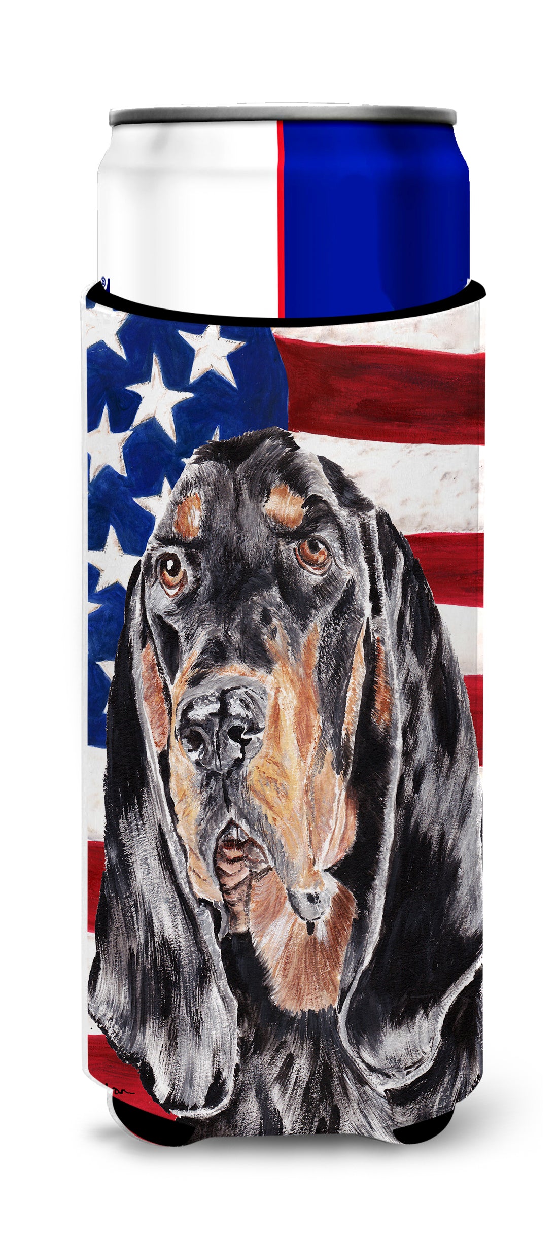 Coonhound Black and Tan USA American Flag Ultra Beverage Insulators for slim cans.