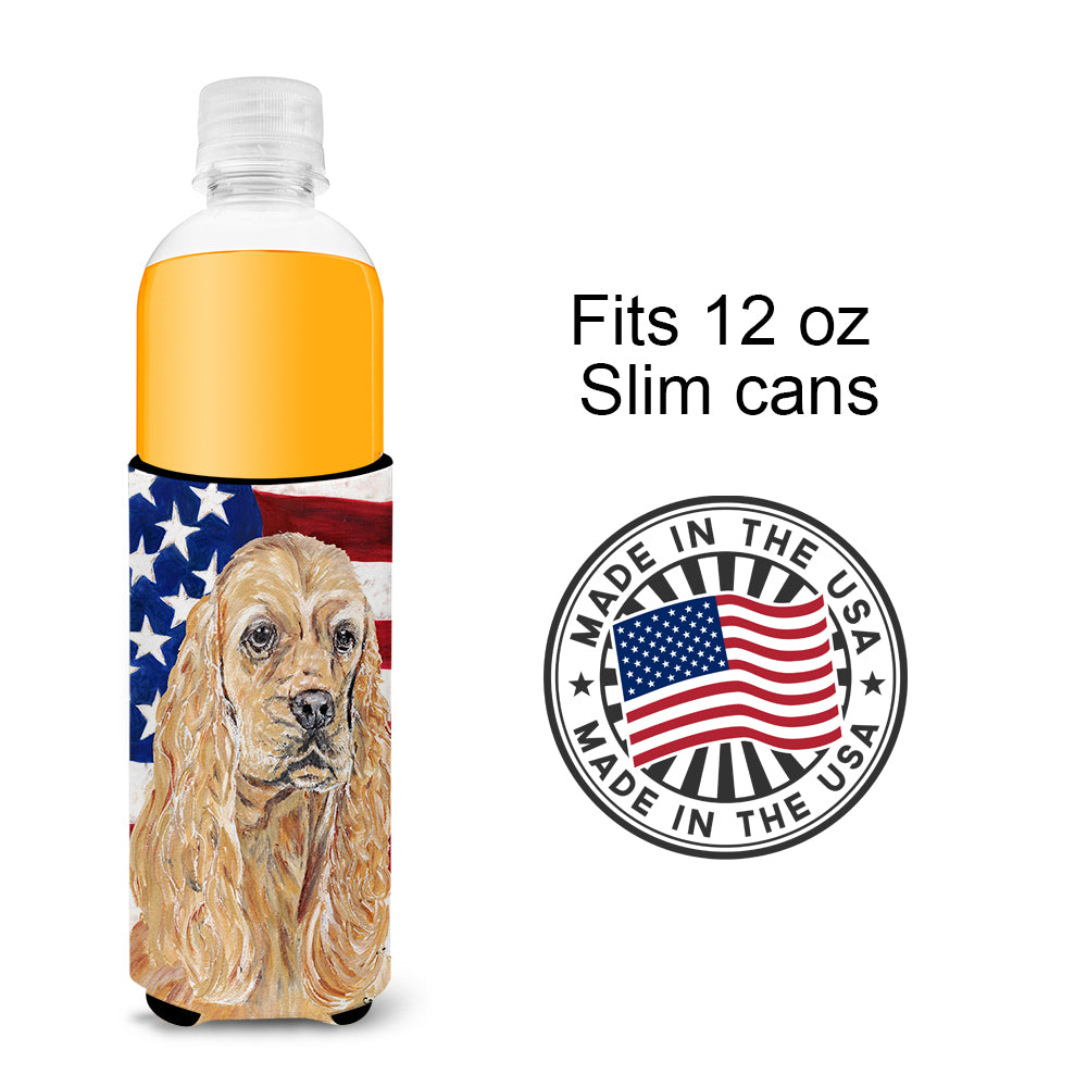 Cocker Spaniel Buff USA American Flag Ultra Beverage Insulators for slim cans.