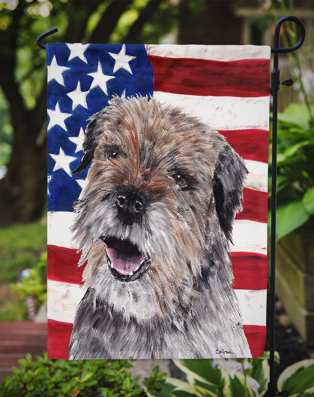 Border Terrier Mix USA American Flag Flag Garden Size.