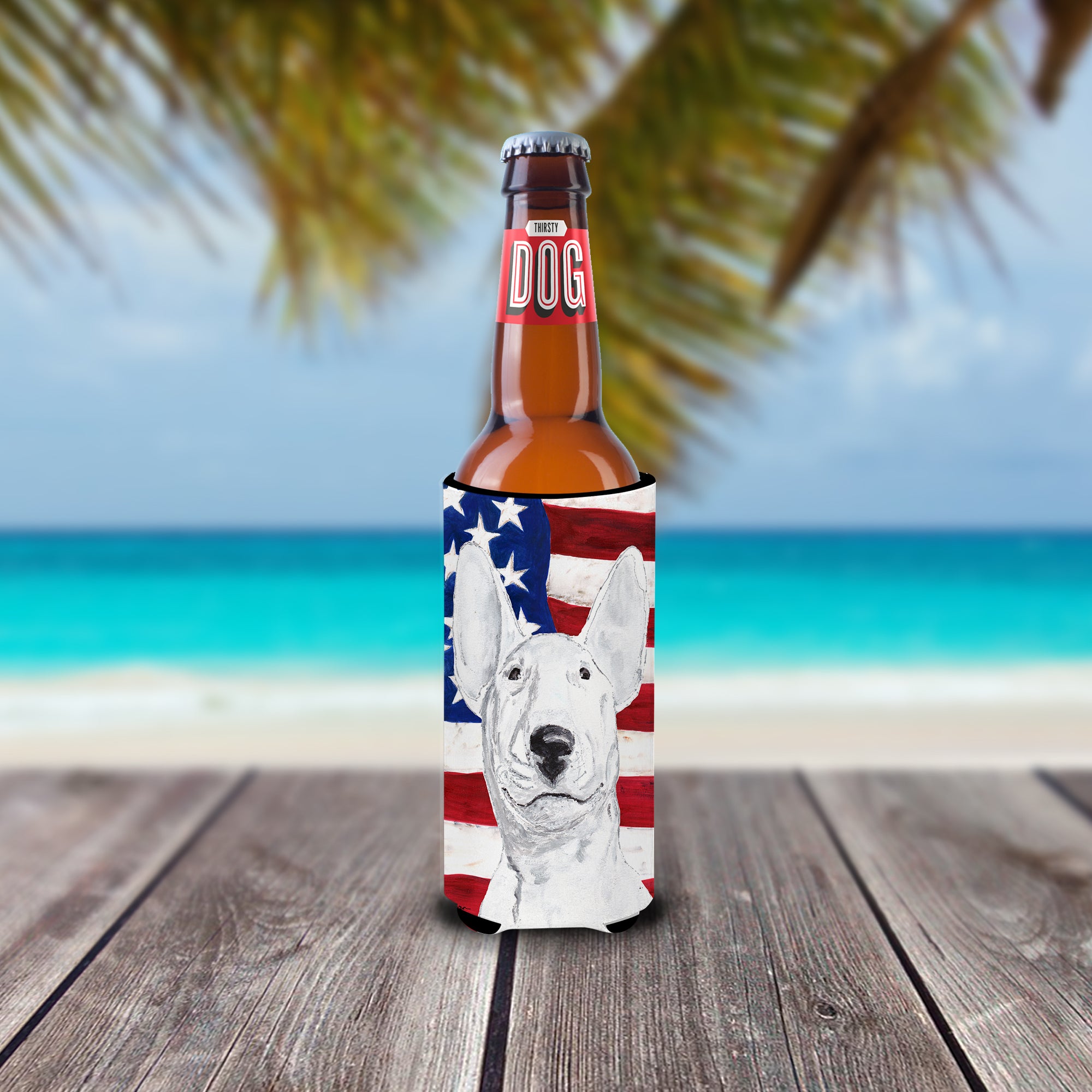 Bull Terrier USA American Flag Ultra Beverage Insulators for slim cans.