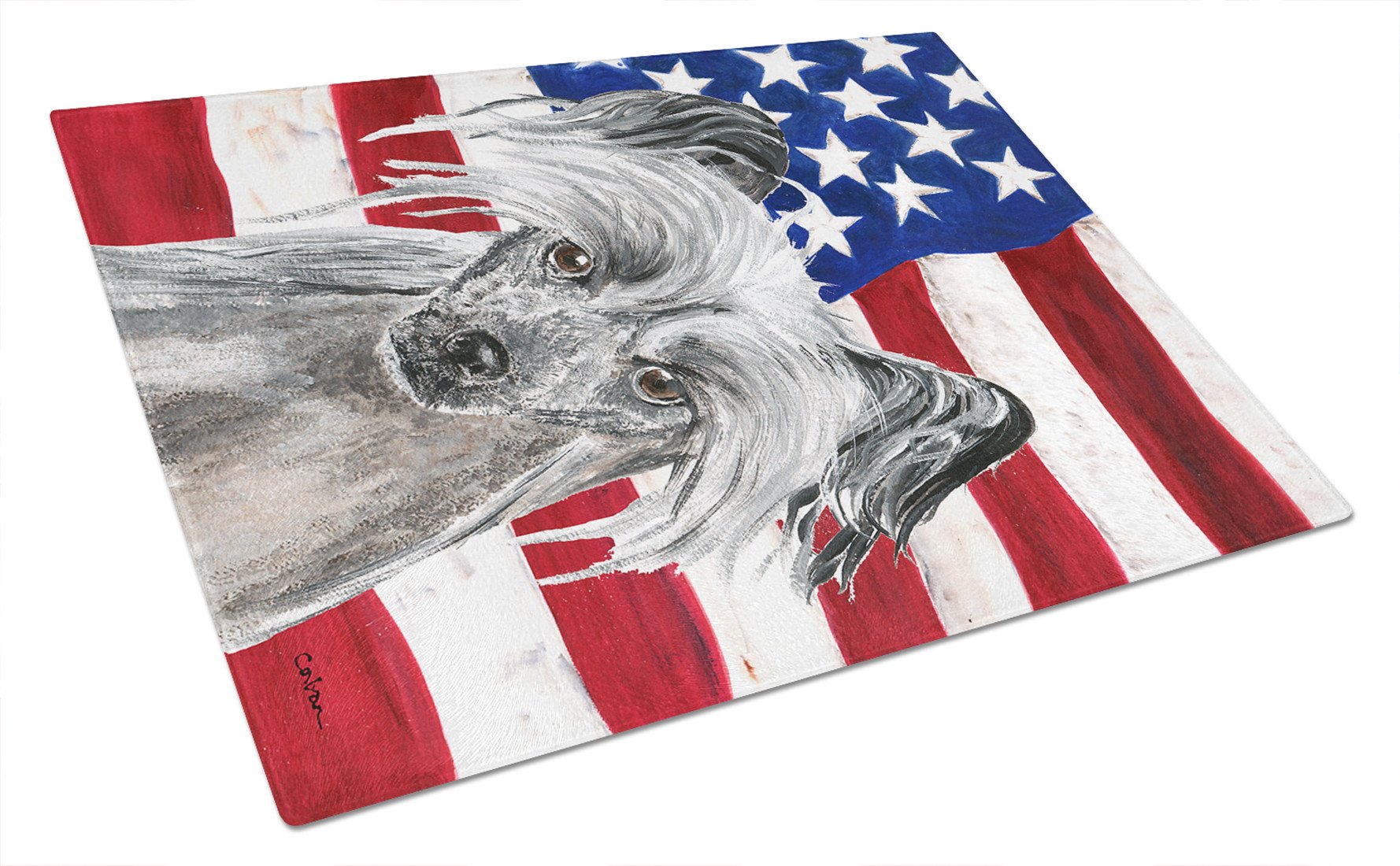 Chinese Crested USA American Flag Glass Cutting Board Large by Caroline's Treasures