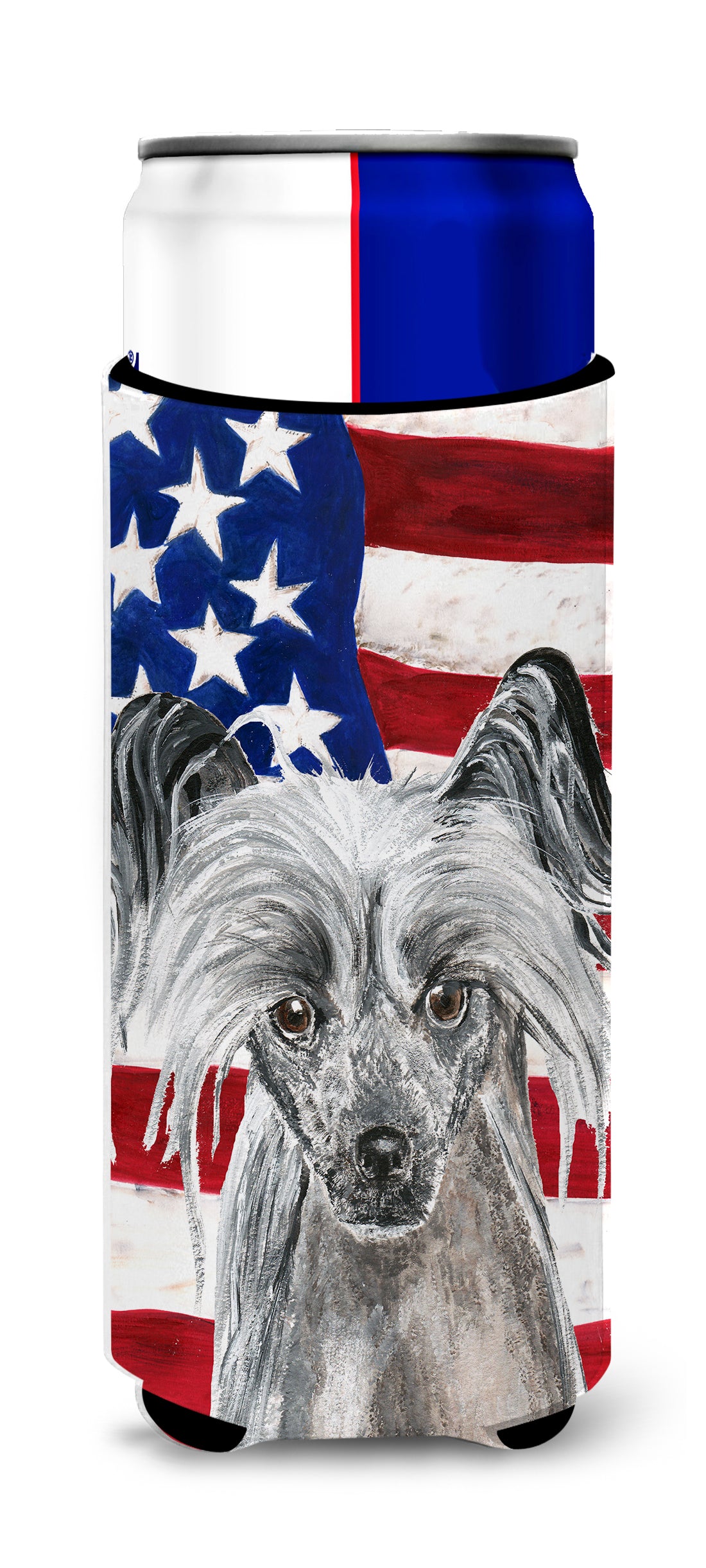 Chinese Crested USA American Flag Ultra Beverage Insulators for slim cans.