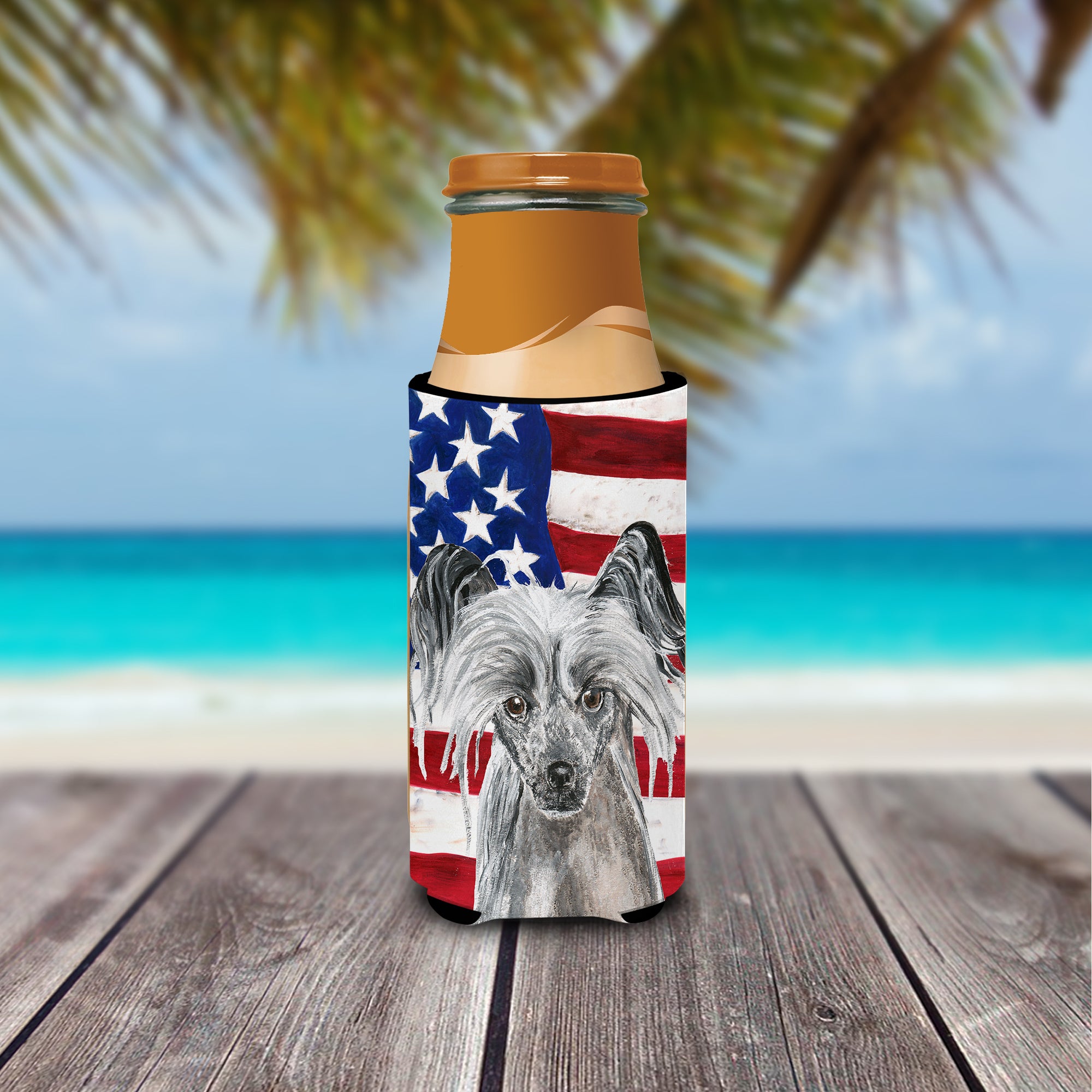 Chinese Crested USA American Flag Ultra Beverage Insulators for slim cans.