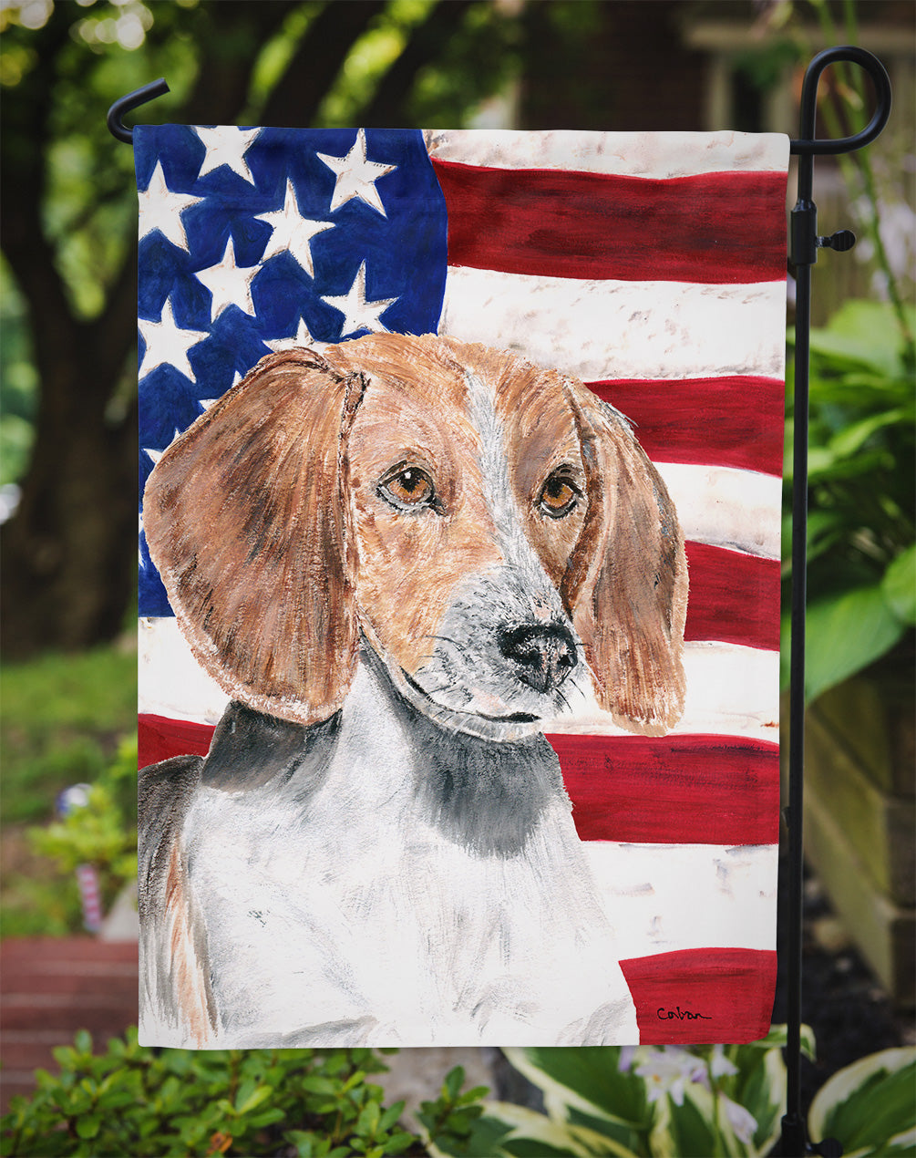 English Foxhound USA American Flag Flag Garden Size.