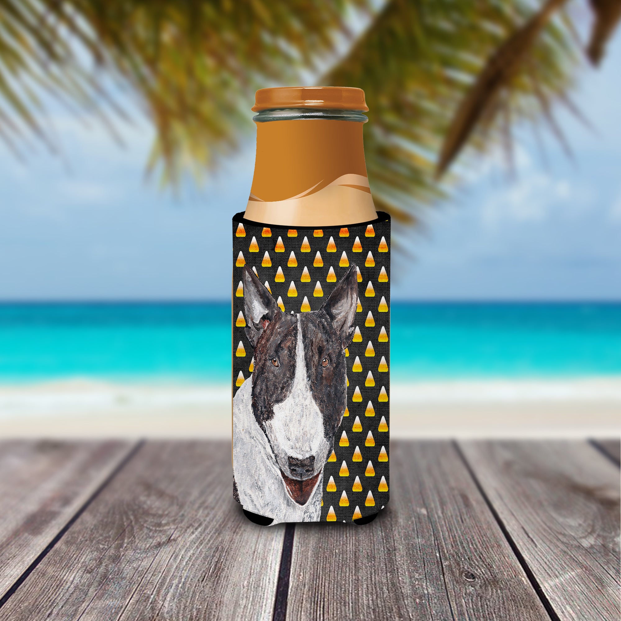 Bull Terrier Halloween Candy Corn Ultra Beverage Insulators for slim cans.
