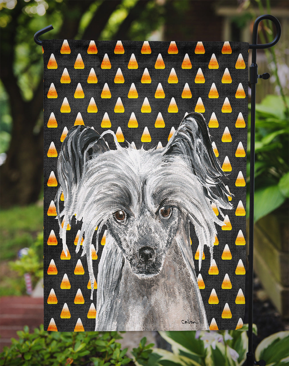 Chinese Crested Halloween Candy Corn Flag Garden Size.