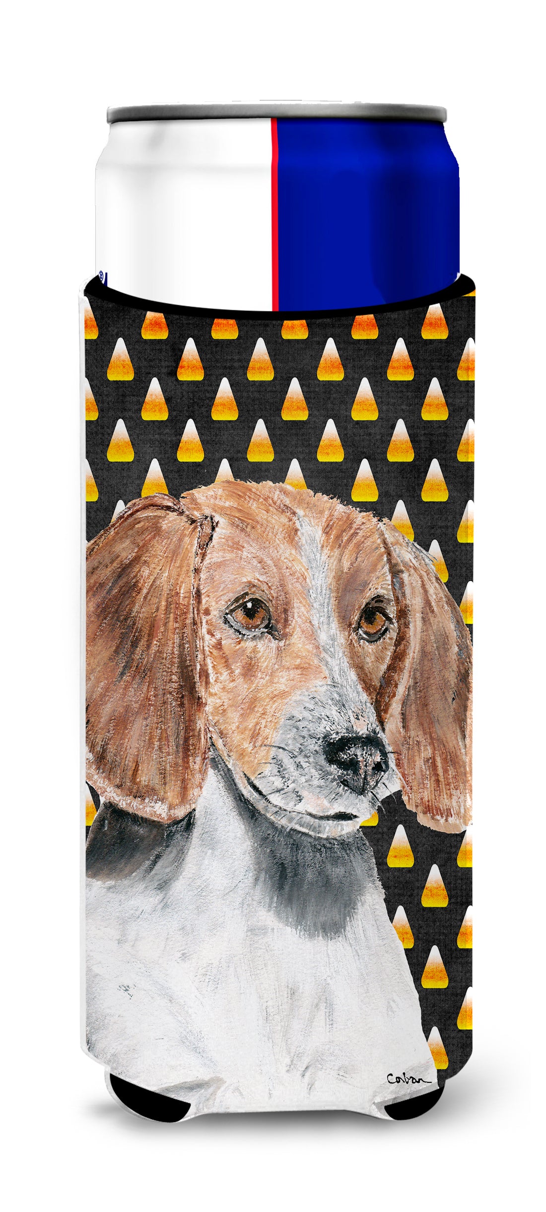 English Foxhound Halloween Candy Corn Ultra Beverage Insulators for slim cans.
