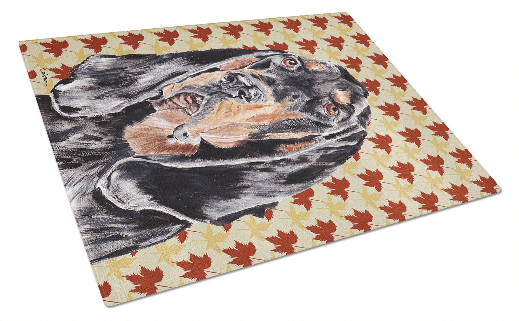 Coonhound Fall Leaves Glass Cutting Board Large by Caroline's Treasures