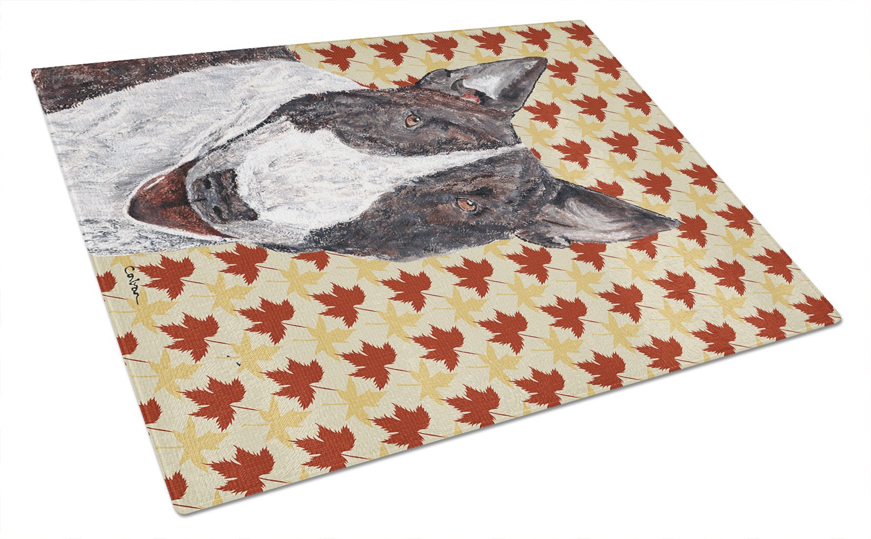 Bull Terrier Fall Leaves Glass Cutting Board Large by Caroline's Treasures