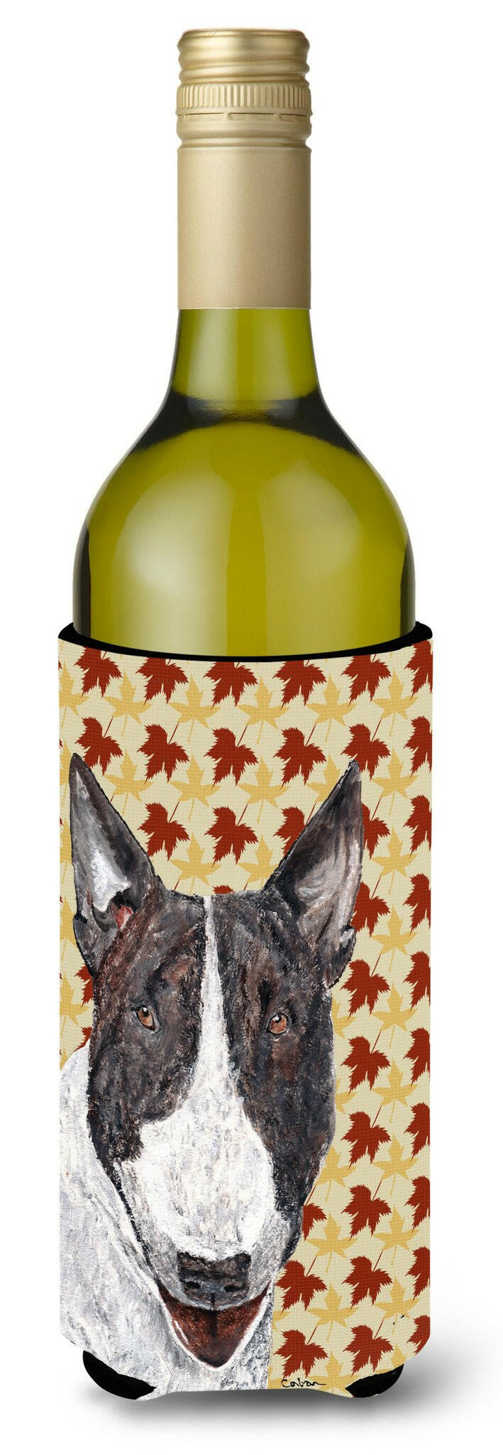 Bull Terrier Fall Leaves Wine Bottle Beverage Insulator Beverage Insulator Hugger by Caroline&#39;s Treasures
