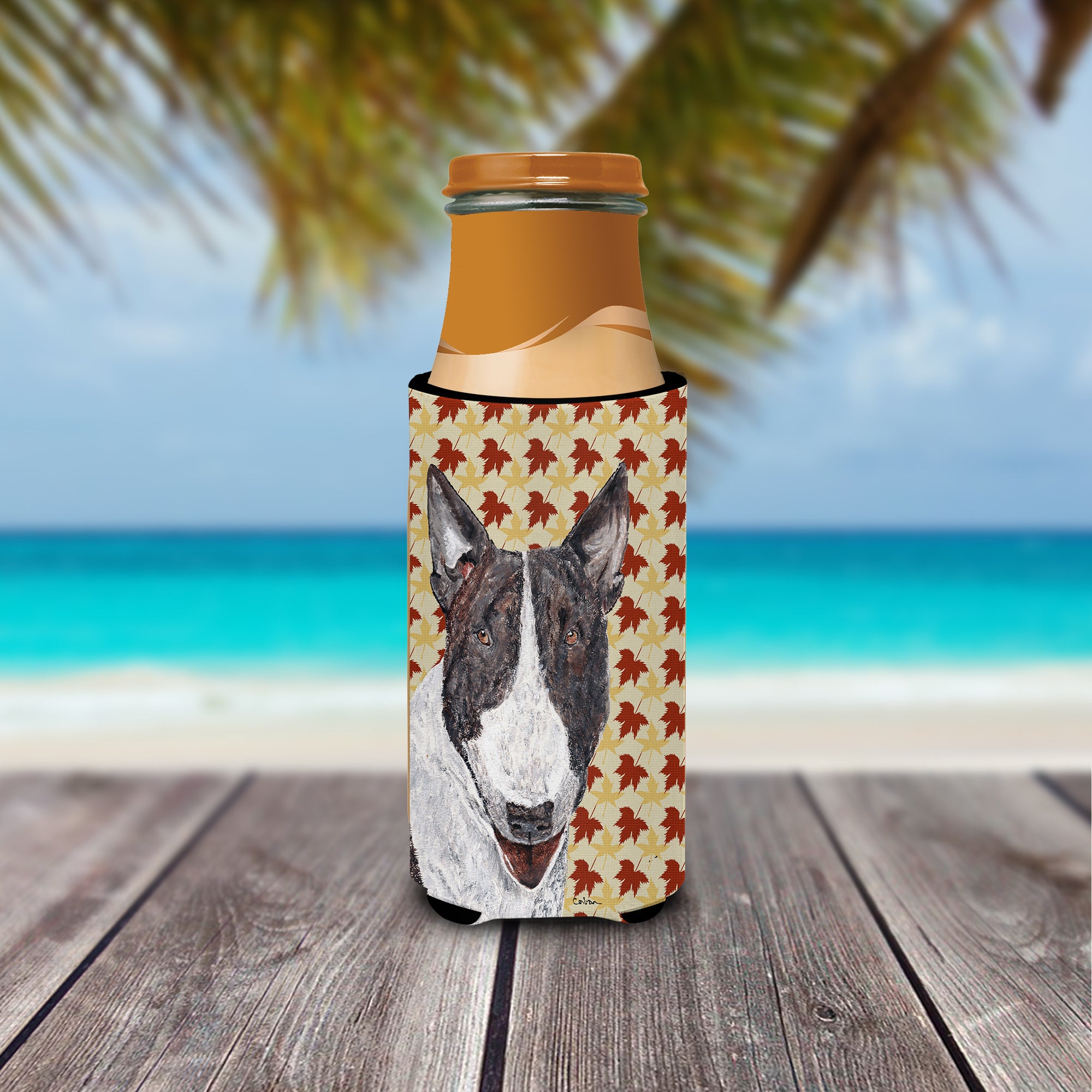 Bull Terrier Fall Leaves Ultra Beverage Insulators for slim cans.