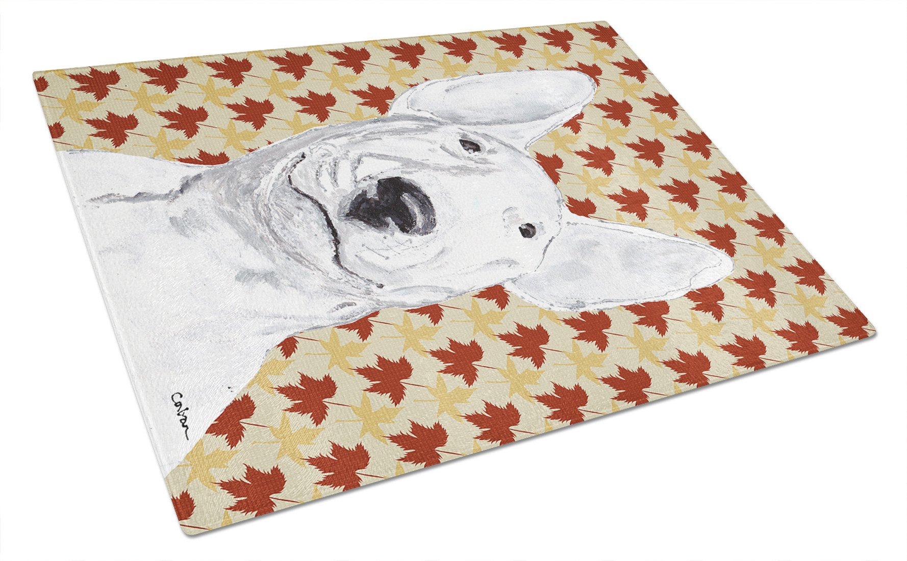 Bull Terrier Fall Leaves Glass Cutting Board Large by Caroline's Treasures